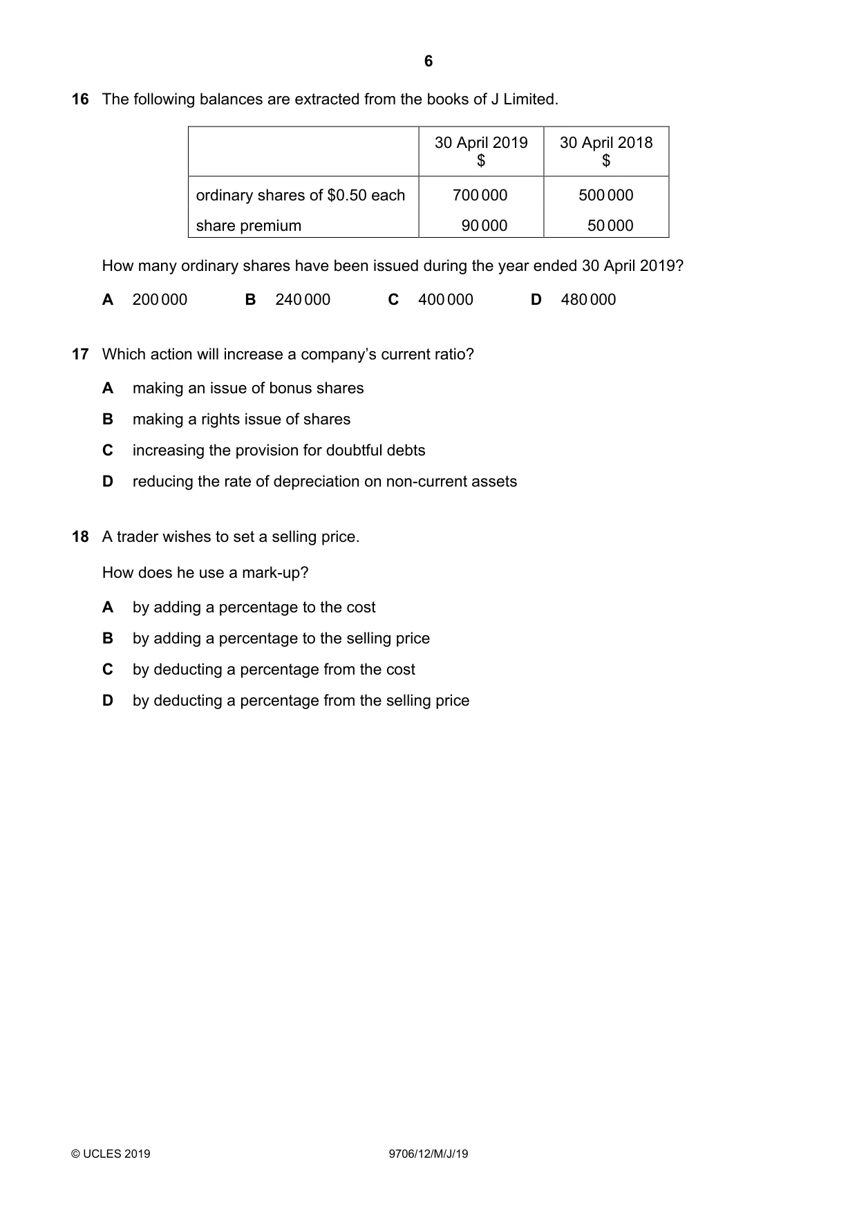 Cambridge A Level Accounting 9706 2019 May/June Paper 1 · Variant 2 question paper, page 6 of 12