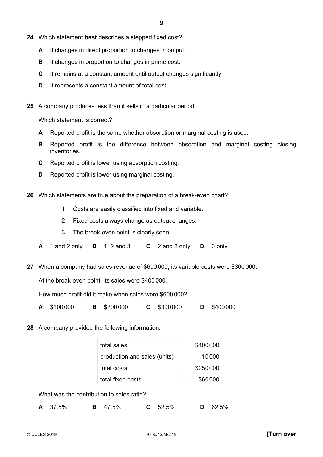 Cambridge A Level Accounting 9706 2019 May/June Paper 1 · Variant 2 question paper, page 9 of 12