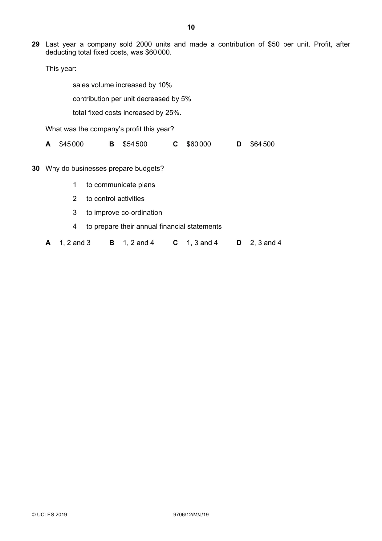 Cambridge A Level Accounting 9706 2019 May/June Paper 1 · Variant 2 question paper, page 10 of 12