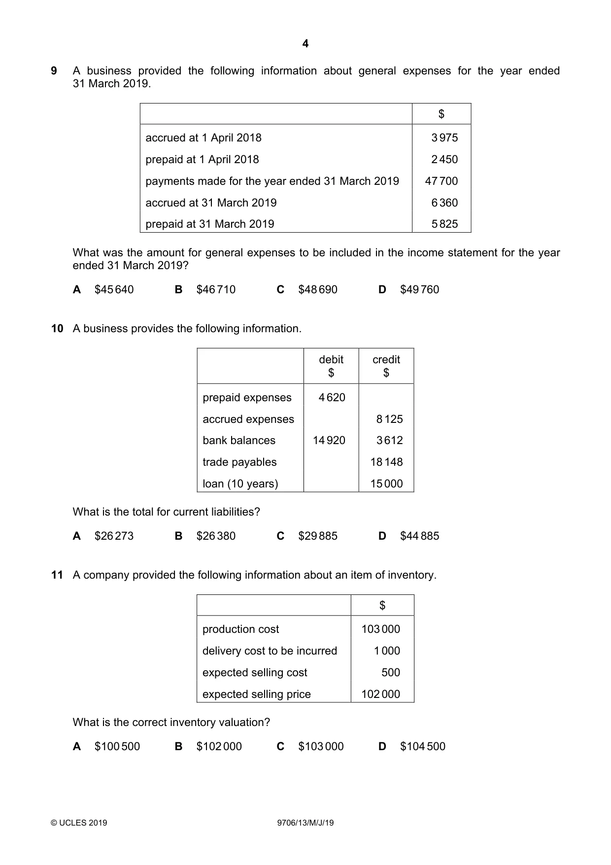 Cambridge A Level Accounting 9706 2019 May/June Paper 1 · Variant 3 question paper, page 4 of 12