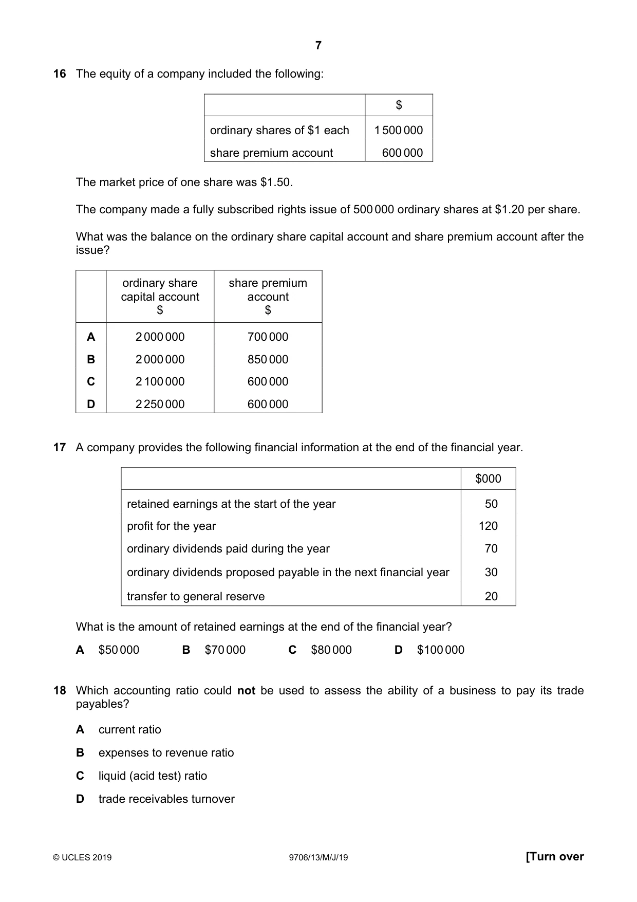 Cambridge A Level Accounting 9706 2019 May/June Paper 1 · Variant 3 question paper, page 7 of 12
