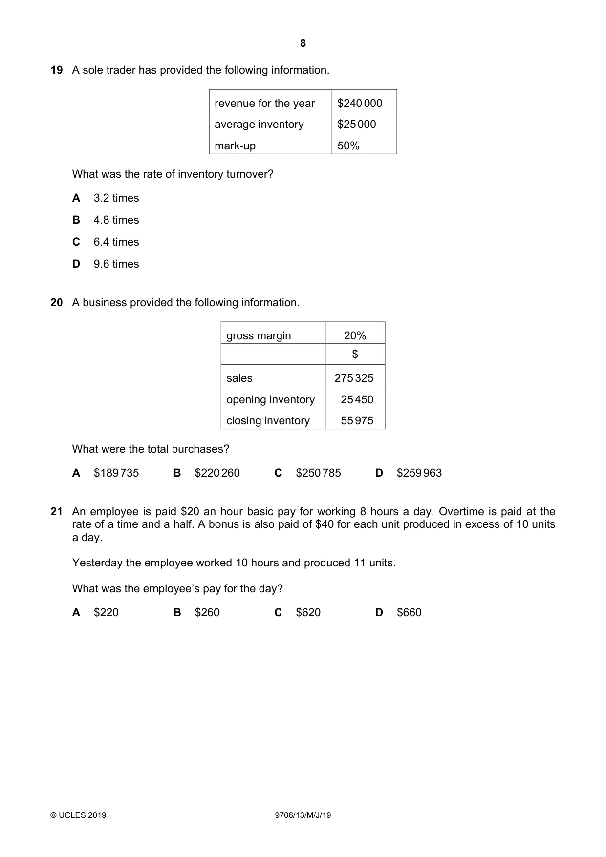 Cambridge A Level Accounting 9706 2019 May/June Paper 1 · Variant 3 question paper, page 8 of 12