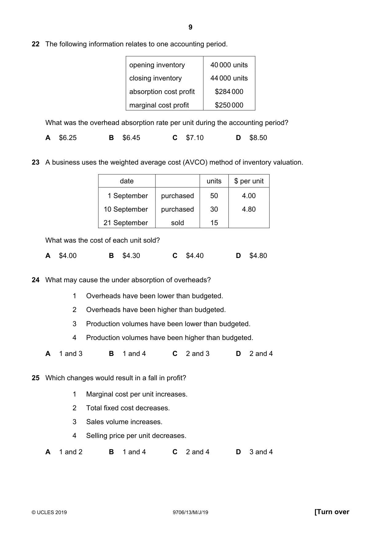 Cambridge A Level Accounting 9706 2019 May/June Paper 1 · Variant 3 question paper, page 9 of 12