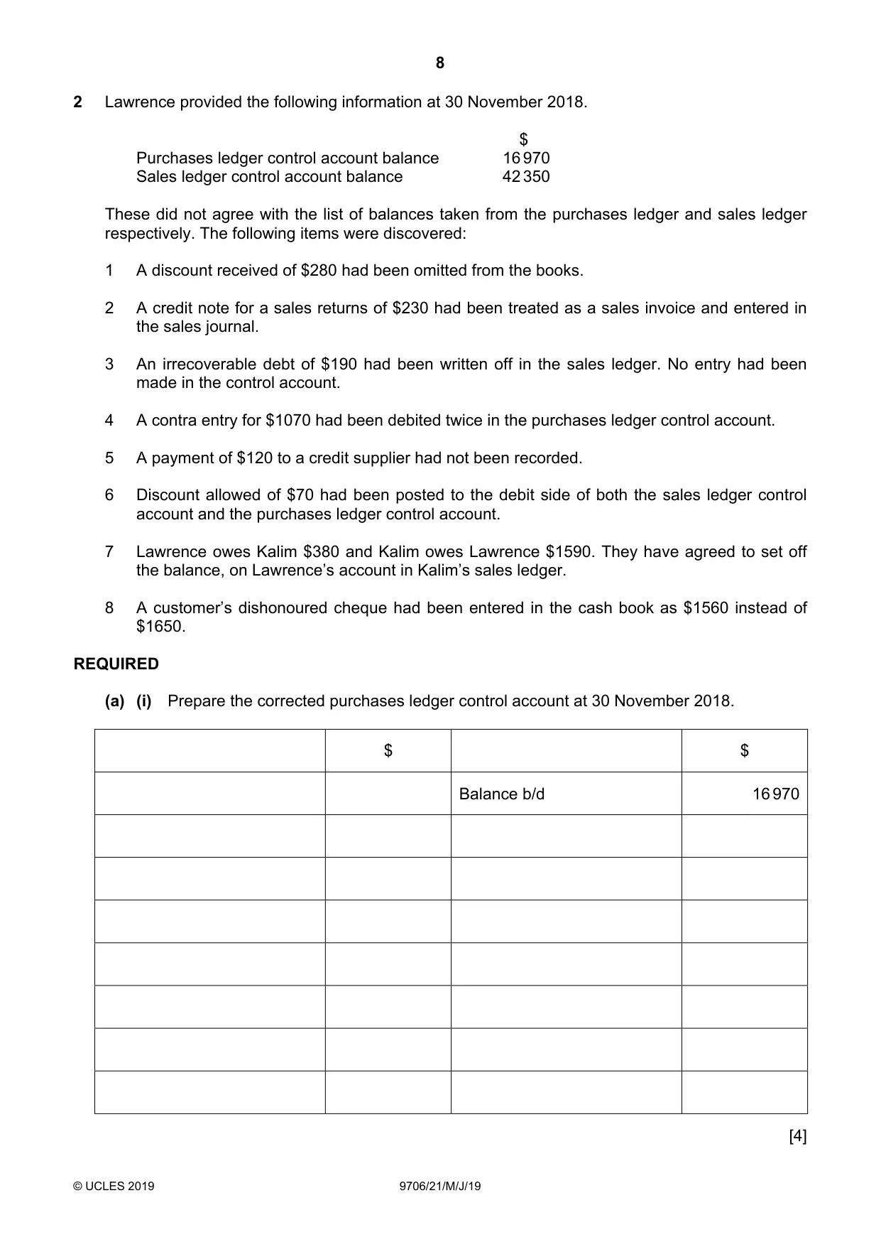 Cambridge A Level Accounting 9706 2019 May/June Paper 2 · Variant 1 question paper, page 8 of 20