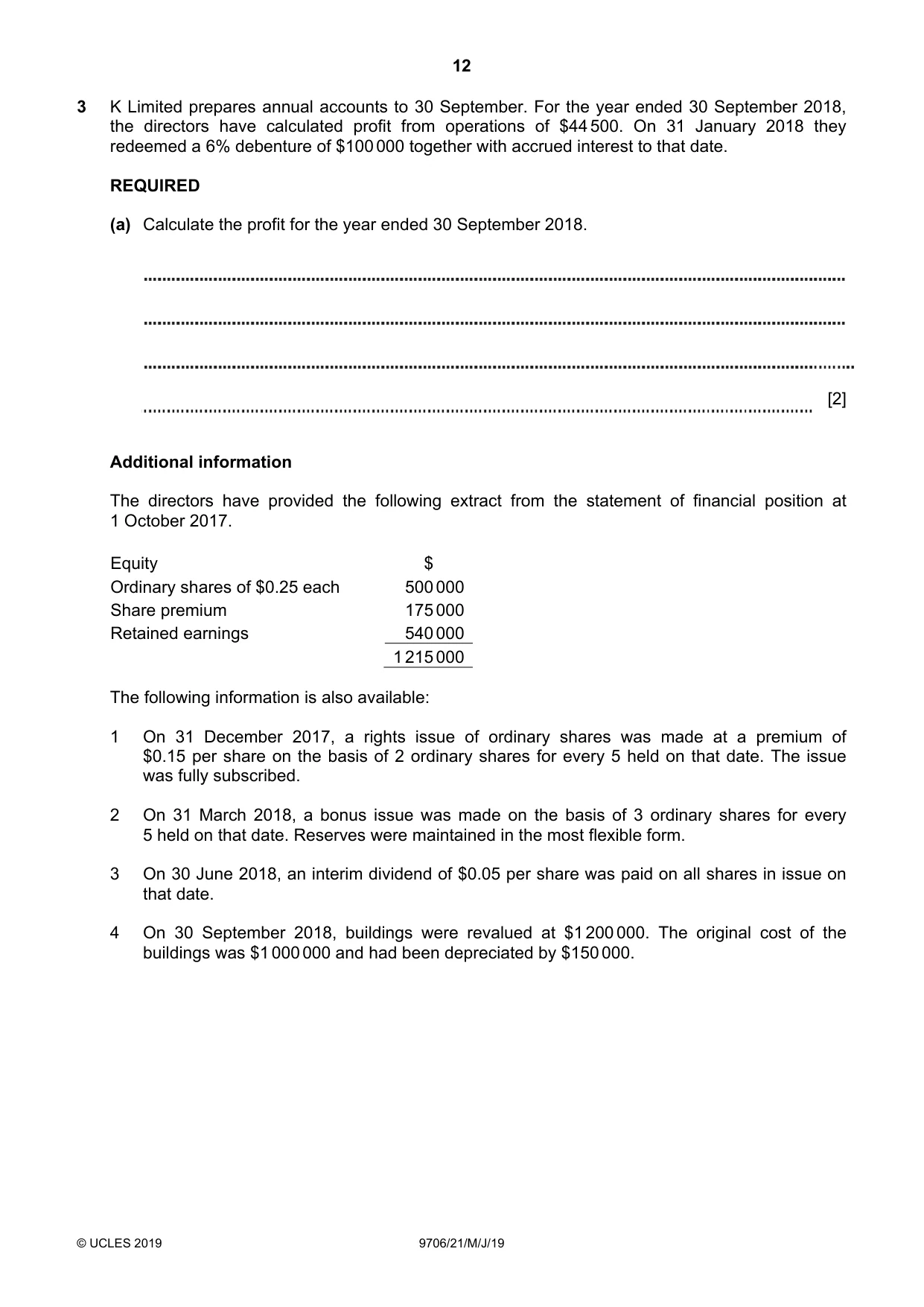 Cambridge A Level Accounting 9706 2019 May/June Paper 2 · Variant 1 question paper, page 12 of 20