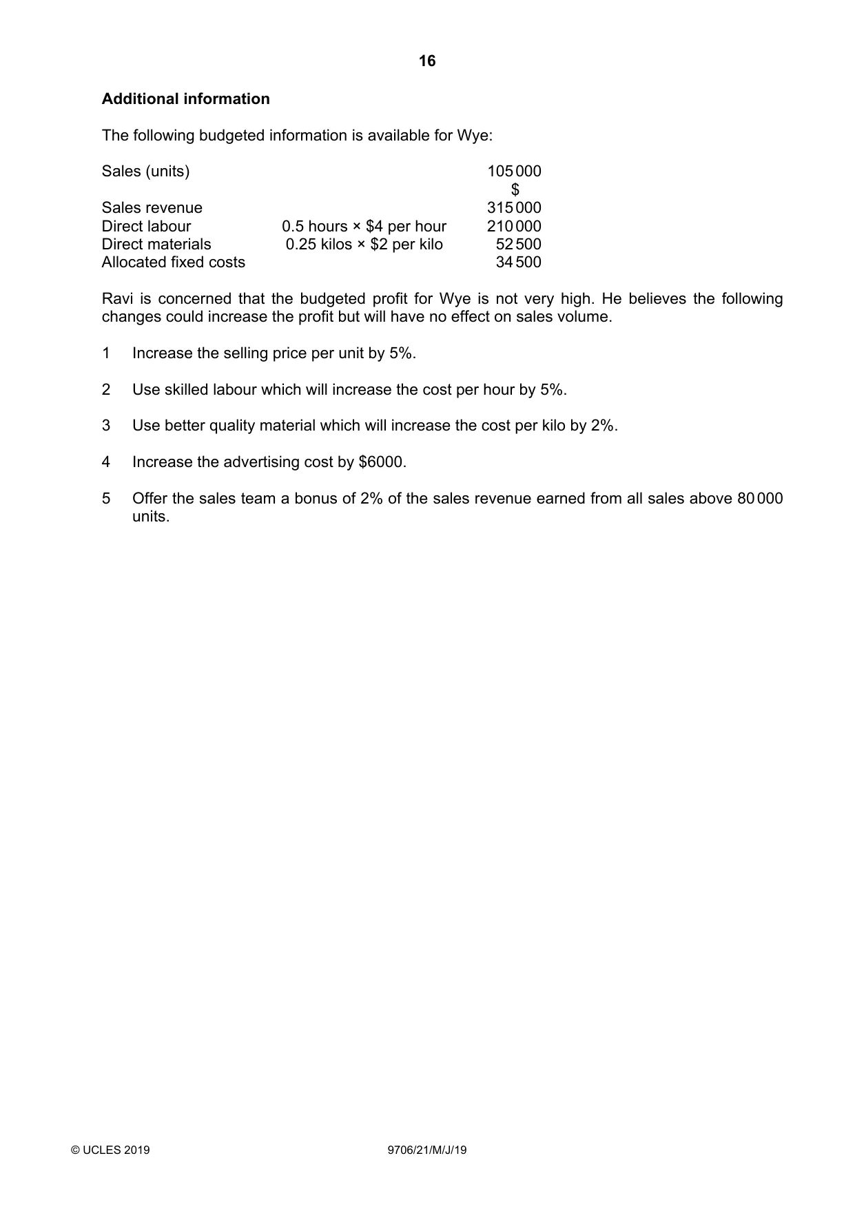 Cambridge A Level Accounting 9706 2019 May/June Paper 2 · Variant 1 question paper, page 16 of 20