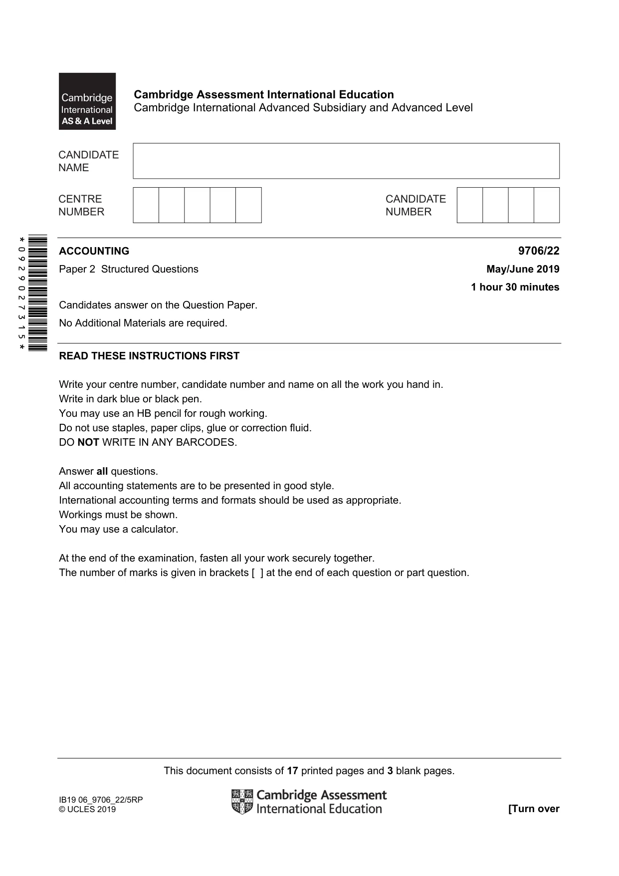 Cambridge A Level Accounting 9706 2019 May/June Paper 2 · Variant 2 question paper, page 1 of 20