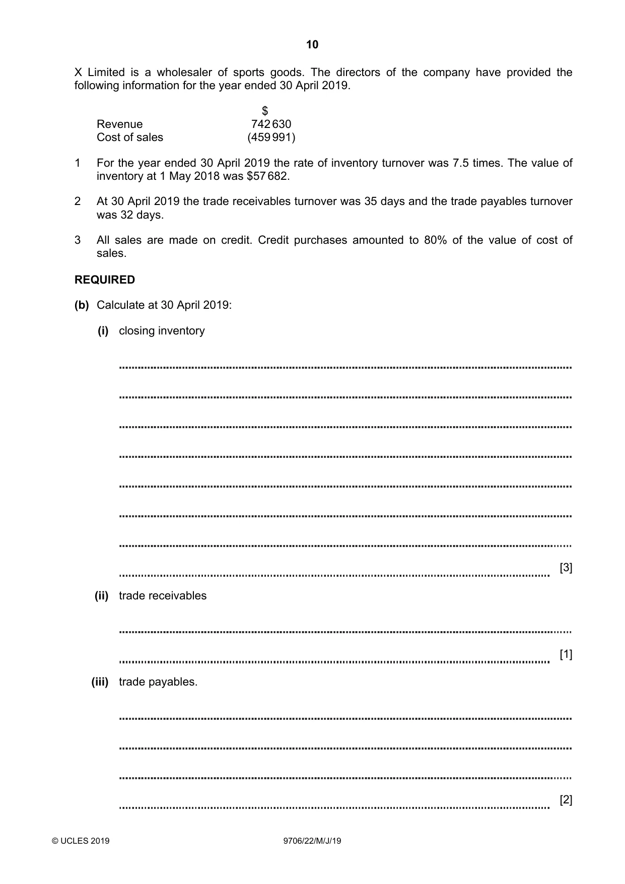 Cambridge A Level Accounting 9706 2019 May/June Paper 2 · Variant 2 question paper, page 10 of 20