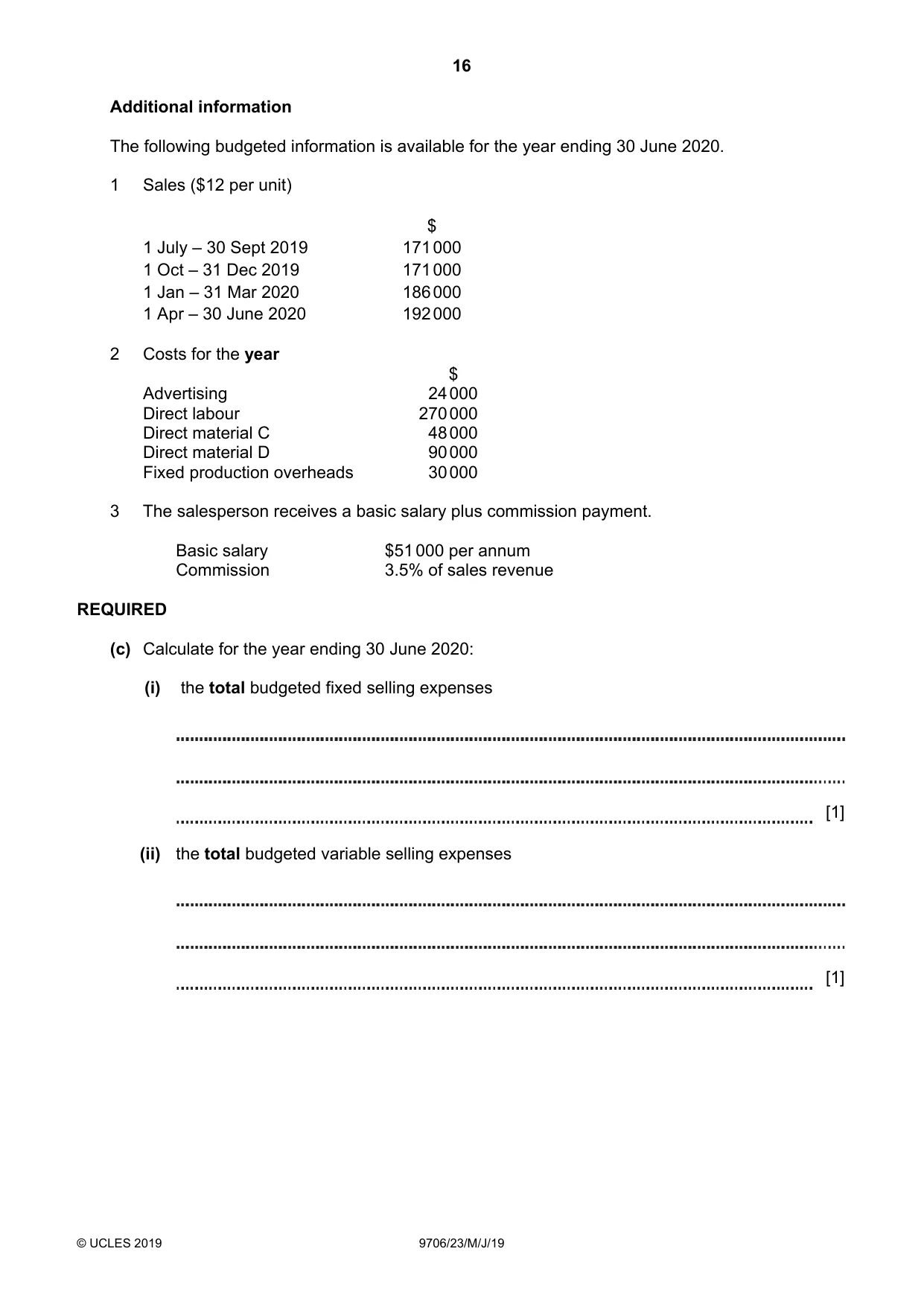 Cambridge A Level Accounting 9706 2019 May/June Paper 2 · Variant 3 question paper, page 16 of 24