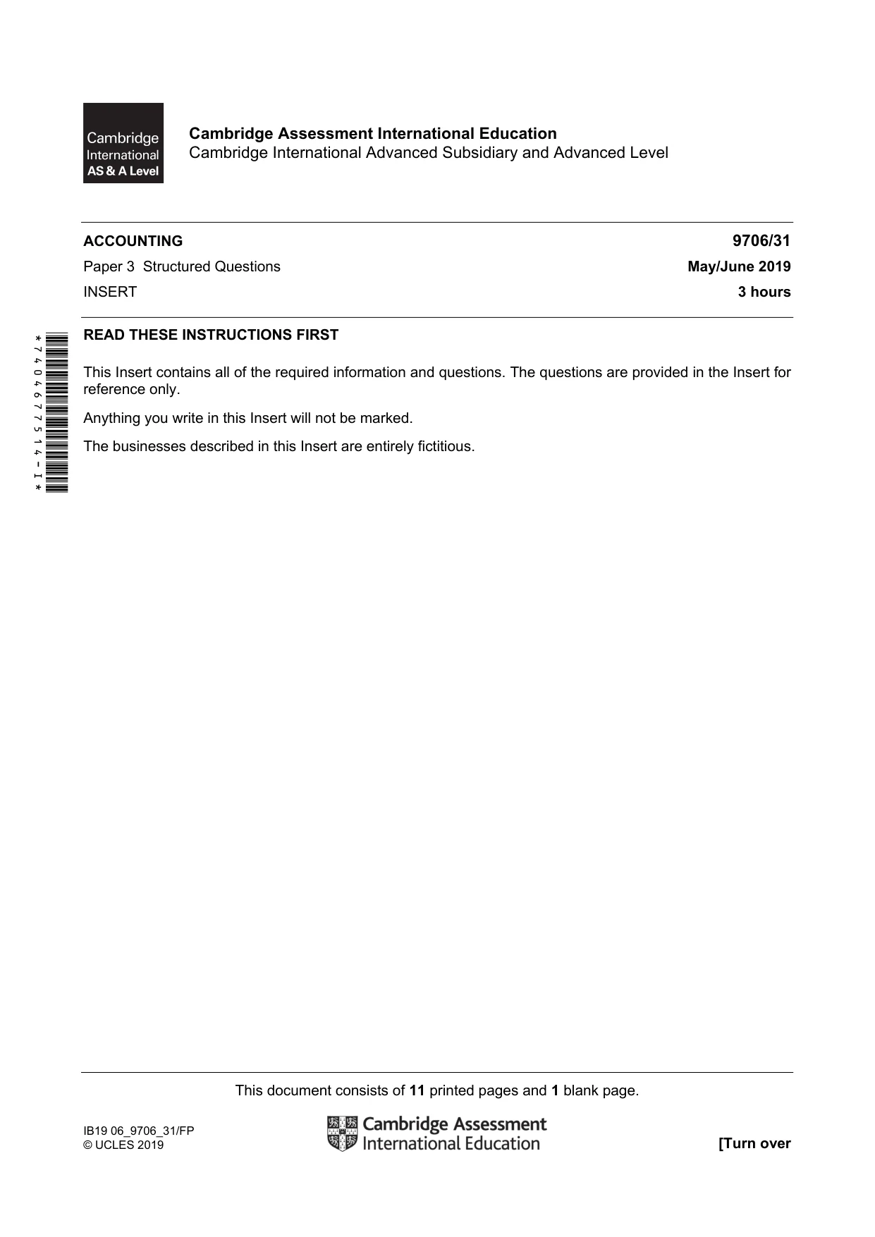 Cambridge A Level Accounting 9706 2019 May/June Paper 3 · Variant 1 question paper, page 1 of 12