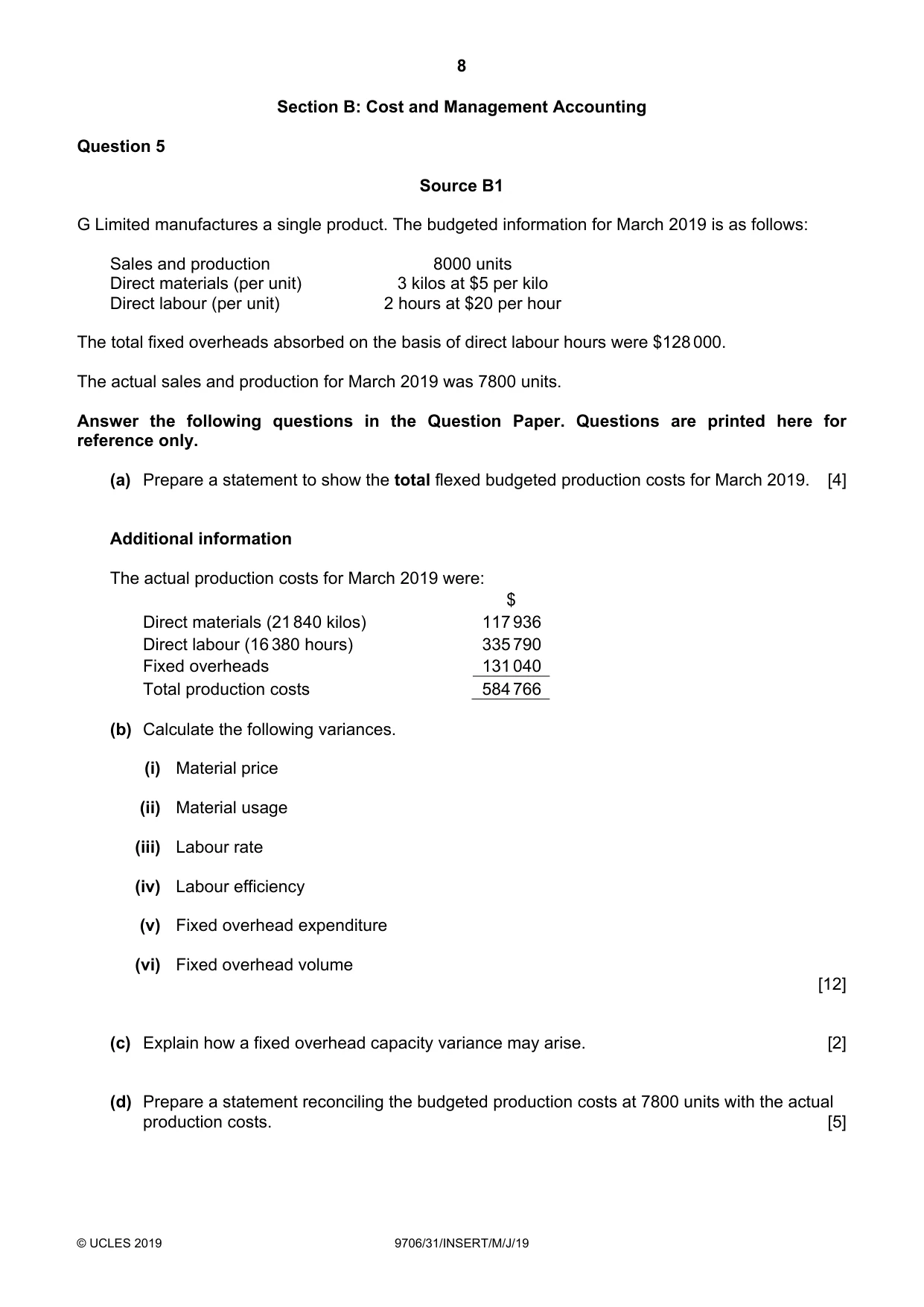 Cambridge A Level Accounting 9706 2019 May/June Paper 3 · Variant 1 question paper, page 8 of 12