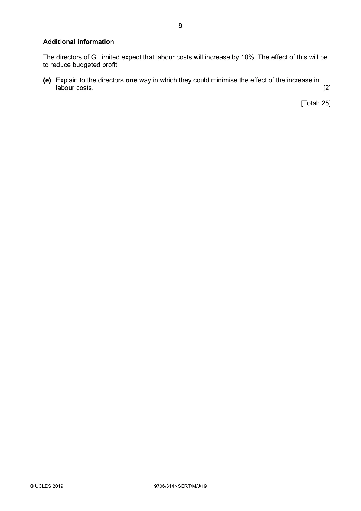 Cambridge A Level Accounting 9706 2019 May/June Paper 3 · Variant 1 question paper, page 9 of 12