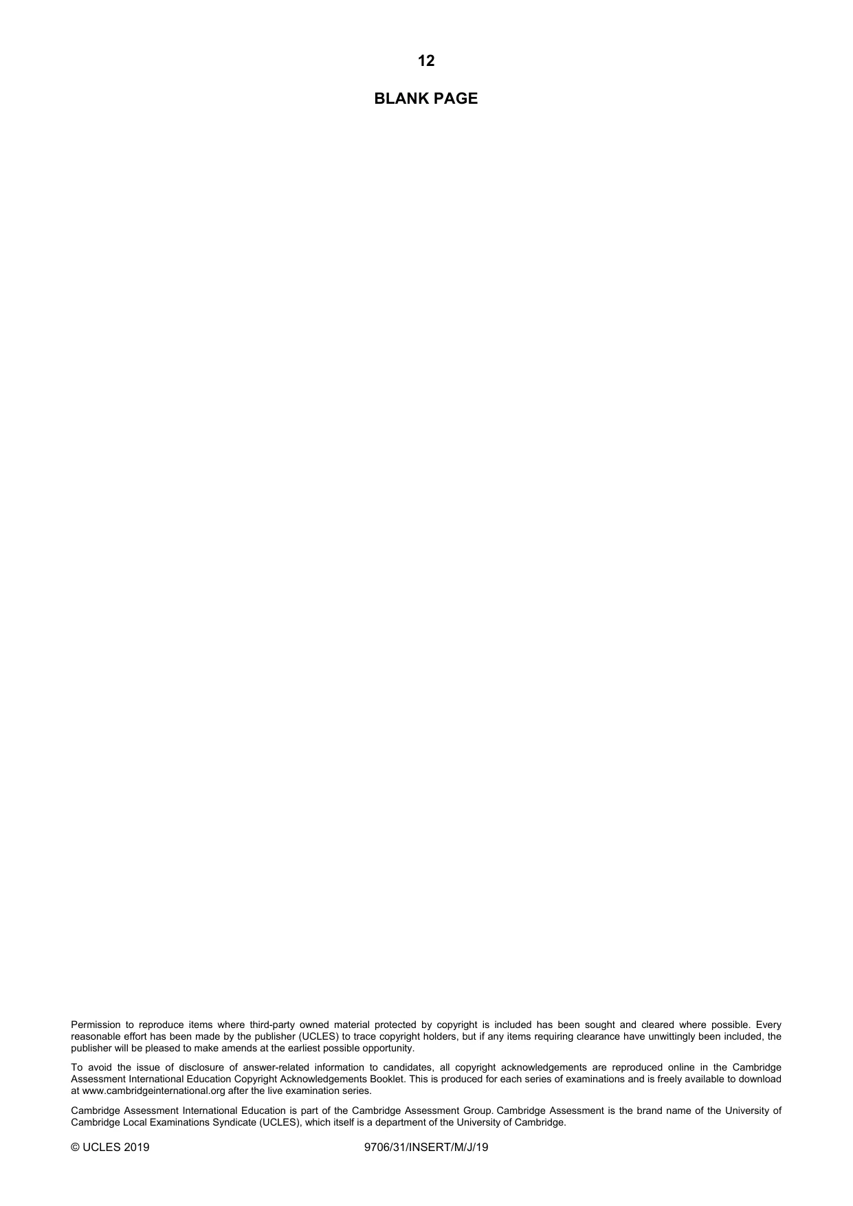 Cambridge A Level Accounting 9706 2019 May/June Paper 3 · Variant 1 question paper, page 12 of 12
