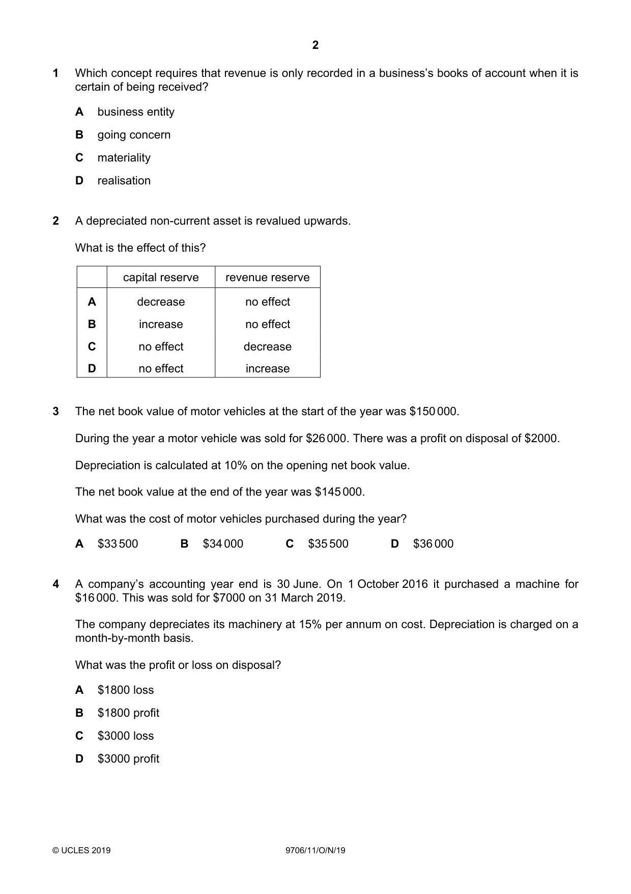 Cambridge A Level Accounting 9706 2019 Oct/Nov Paper 1 · Variant 1 question paper, page 2 of 12