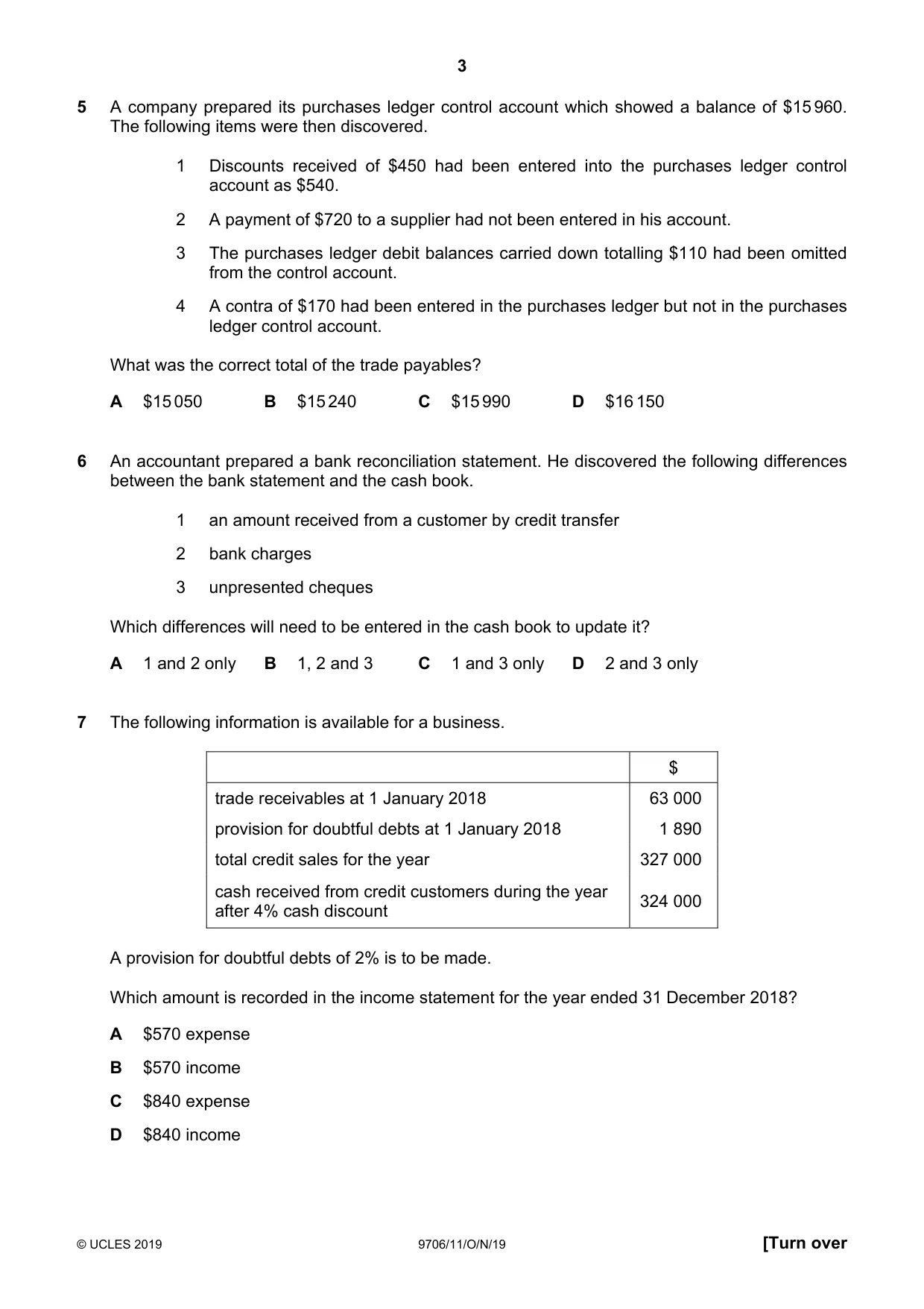 Cambridge A Level Accounting 9706 2019 Oct/Nov Paper 1 · Variant 1 question paper, page 3 of 12