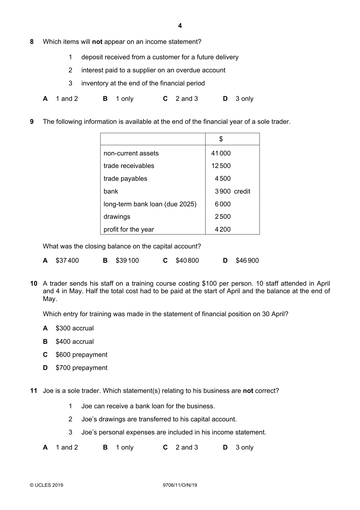Cambridge A Level Accounting 9706 2019 Oct/Nov Paper 1 · Variant 1 question paper, page 4 of 12