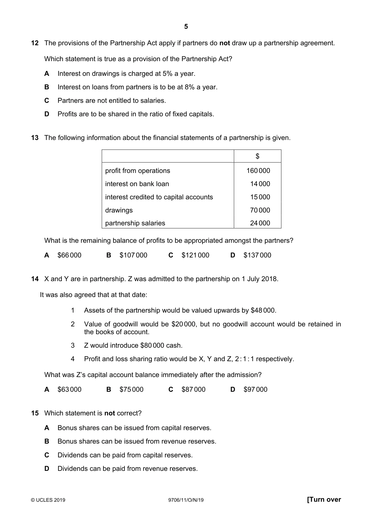Cambridge A Level Accounting 9706 2019 Oct/Nov Paper 1 · Variant 1 question paper, page 5 of 12