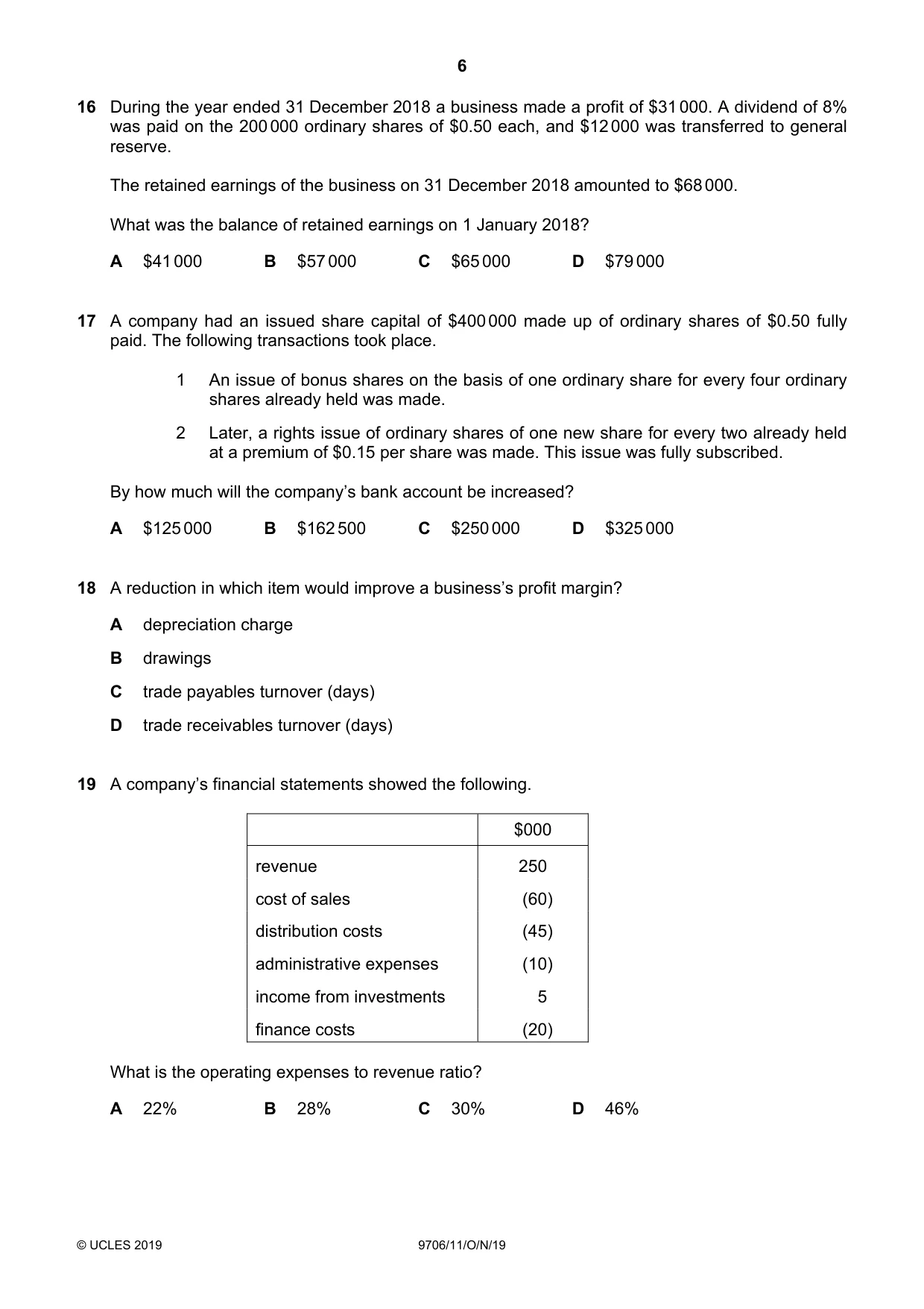 Cambridge A Level Accounting 9706 2019 Oct/Nov Paper 1 · Variant 1 question paper, page 6 of 12