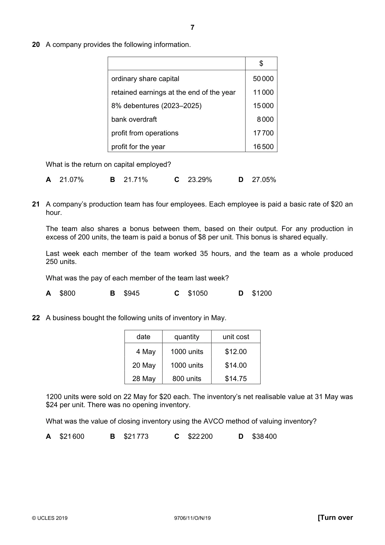 Cambridge A Level Accounting 9706 2019 Oct/Nov Paper 1 · Variant 1 question paper, page 7 of 12