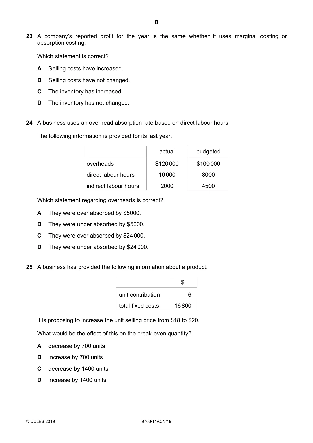 Cambridge A Level Accounting 9706 2019 Oct/Nov Paper 1 · Variant 1 question paper, page 8 of 12