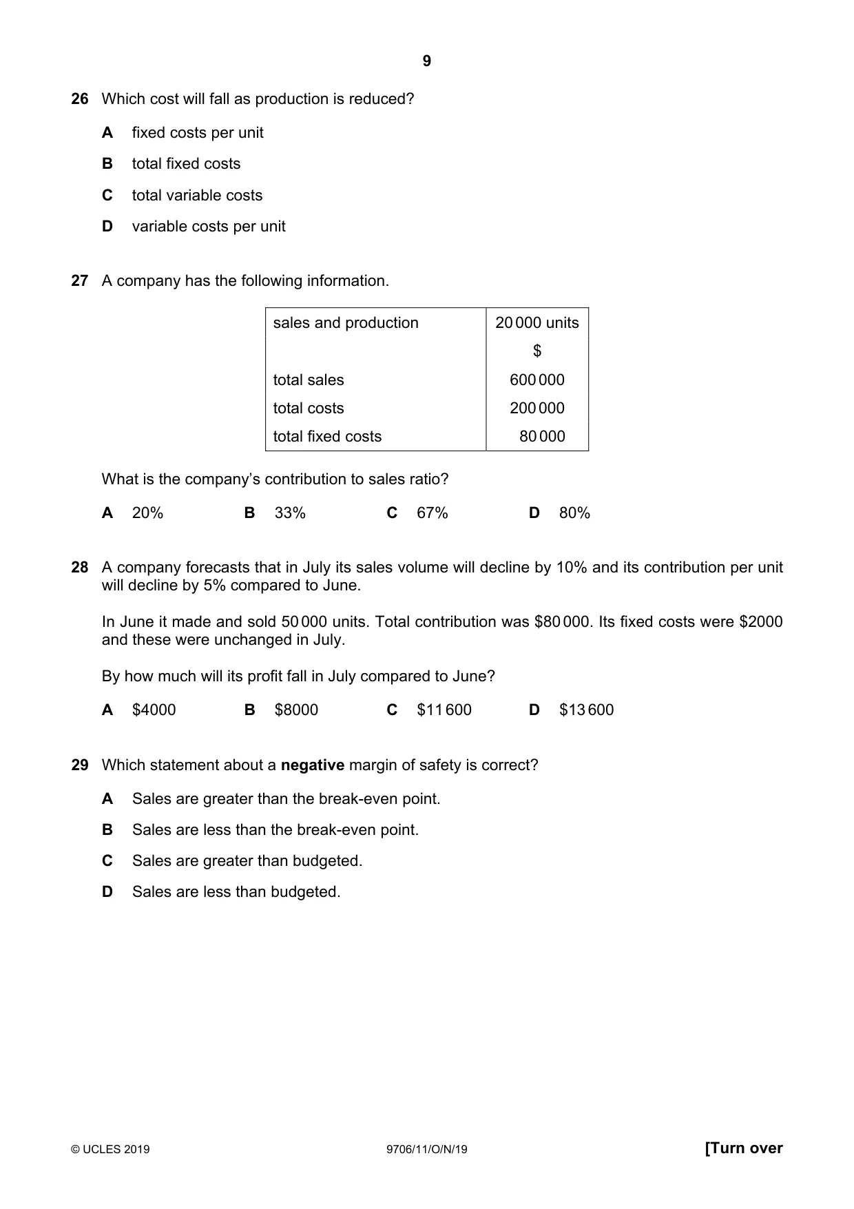 Cambridge A Level Accounting 9706 2019 Oct/Nov Paper 1 · Variant 1 question paper, page 9 of 12