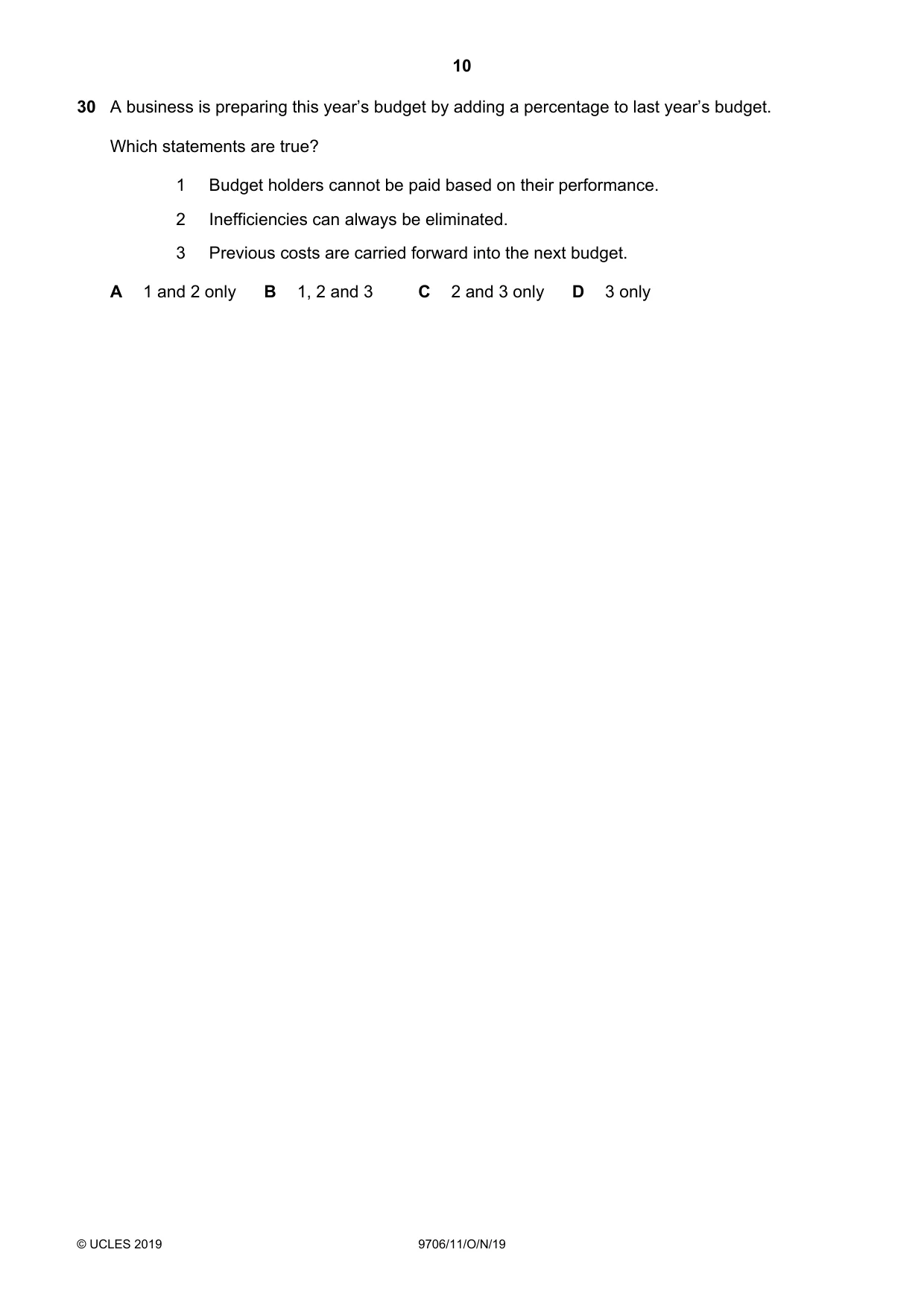 Cambridge A Level Accounting 9706 2019 Oct/Nov Paper 1 · Variant 1 question paper, page 10 of 12