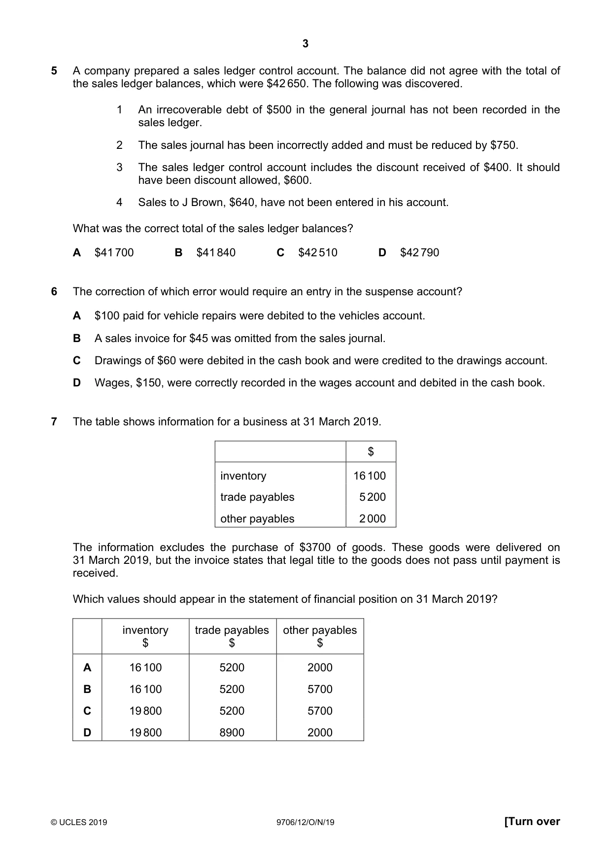 Cambridge A Level Accounting 9706 2019 Oct/Nov Paper 1 · Variant 2 question paper, page 3 of 12