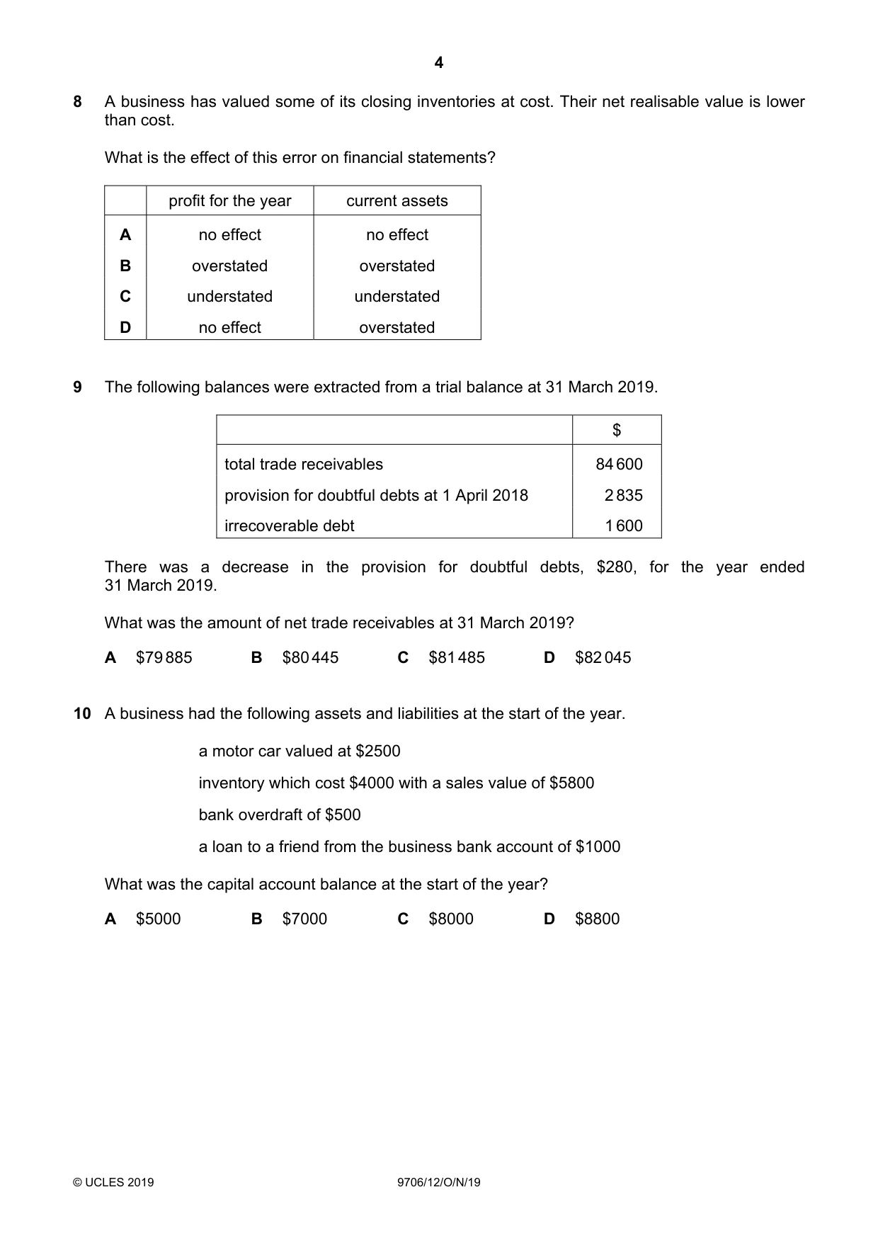 Cambridge A Level Accounting 9706 2019 Oct/Nov Paper 1 · Variant 2 question paper, page 4 of 12