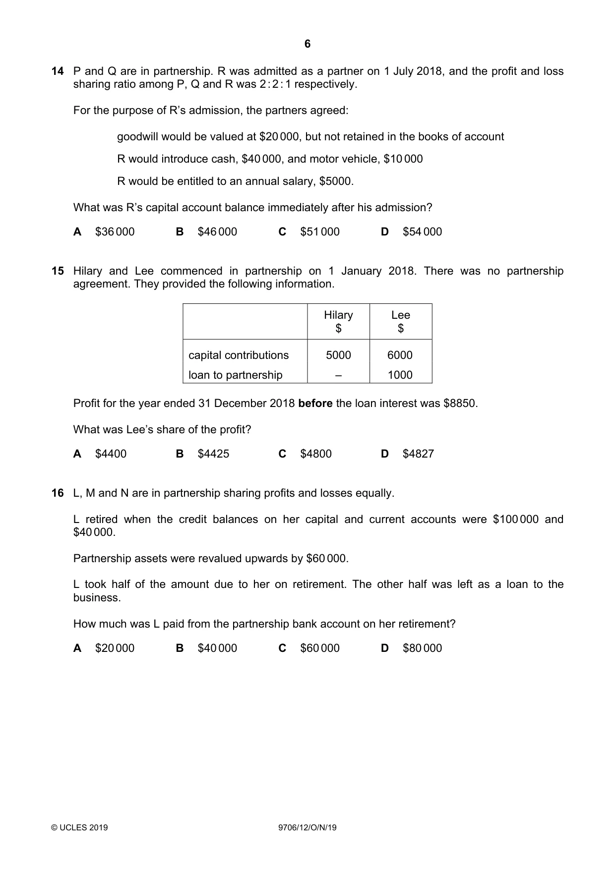 Cambridge A Level Accounting 9706 2019 Oct/Nov Paper 1 · Variant 2 question paper, page 6 of 12