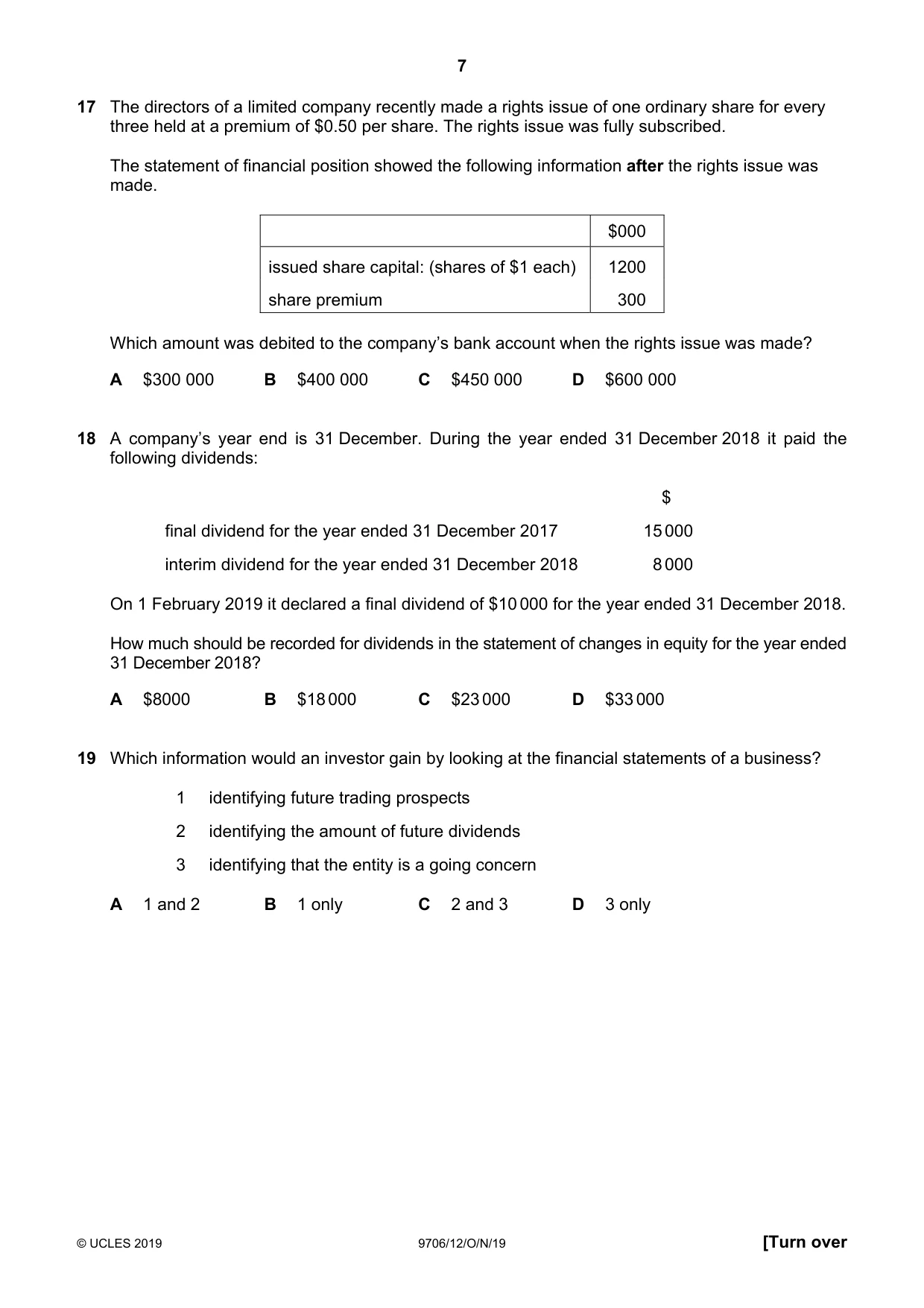 Cambridge A Level Accounting 9706 2019 Oct/Nov Paper 1 · Variant 2 question paper, page 7 of 12