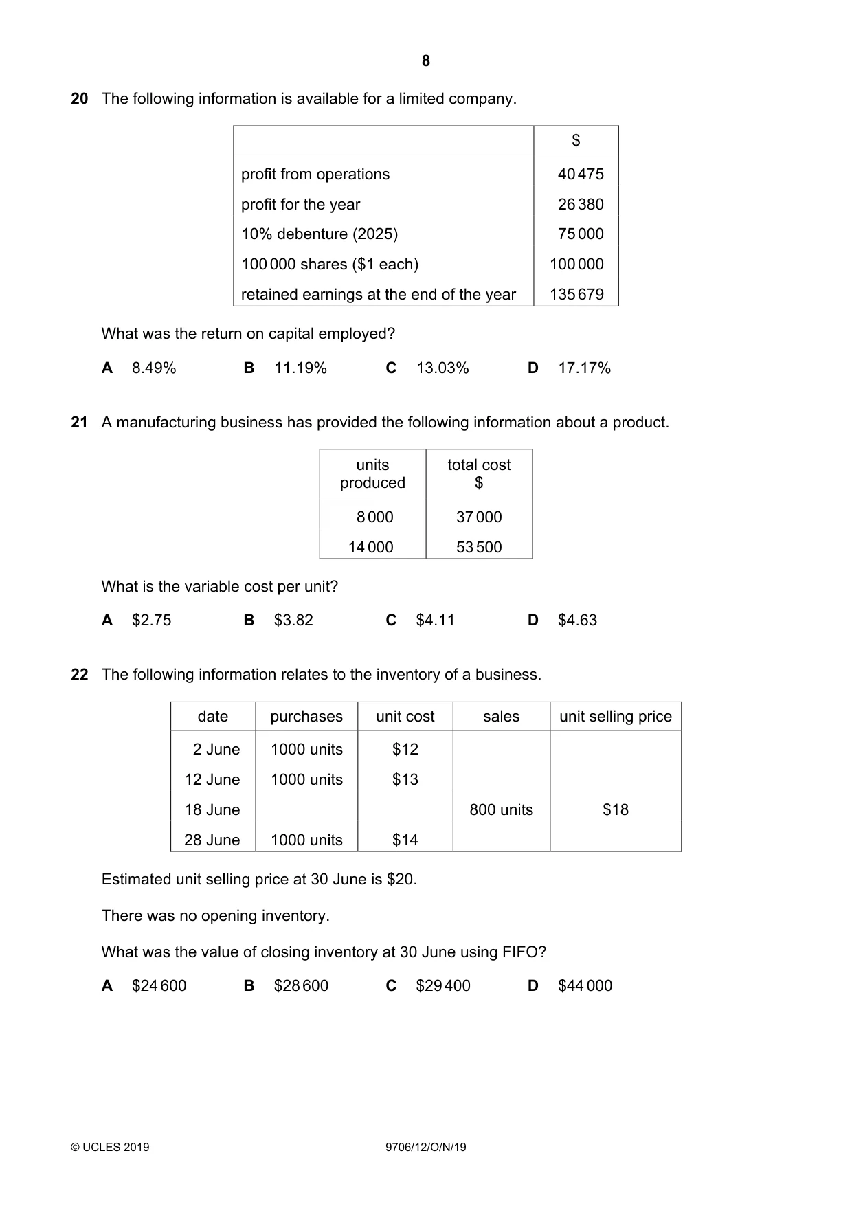 Cambridge A Level Accounting 9706 2019 Oct/Nov Paper 1 · Variant 2 question paper, page 8 of 12