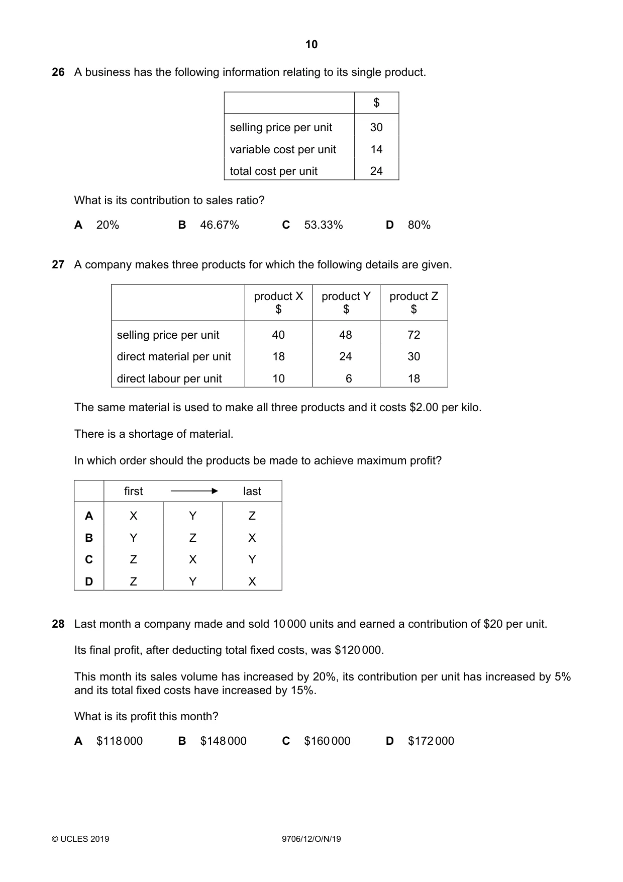 Cambridge A Level Accounting 9706 2019 Oct/Nov Paper 1 · Variant 2 question paper, page 10 of 12