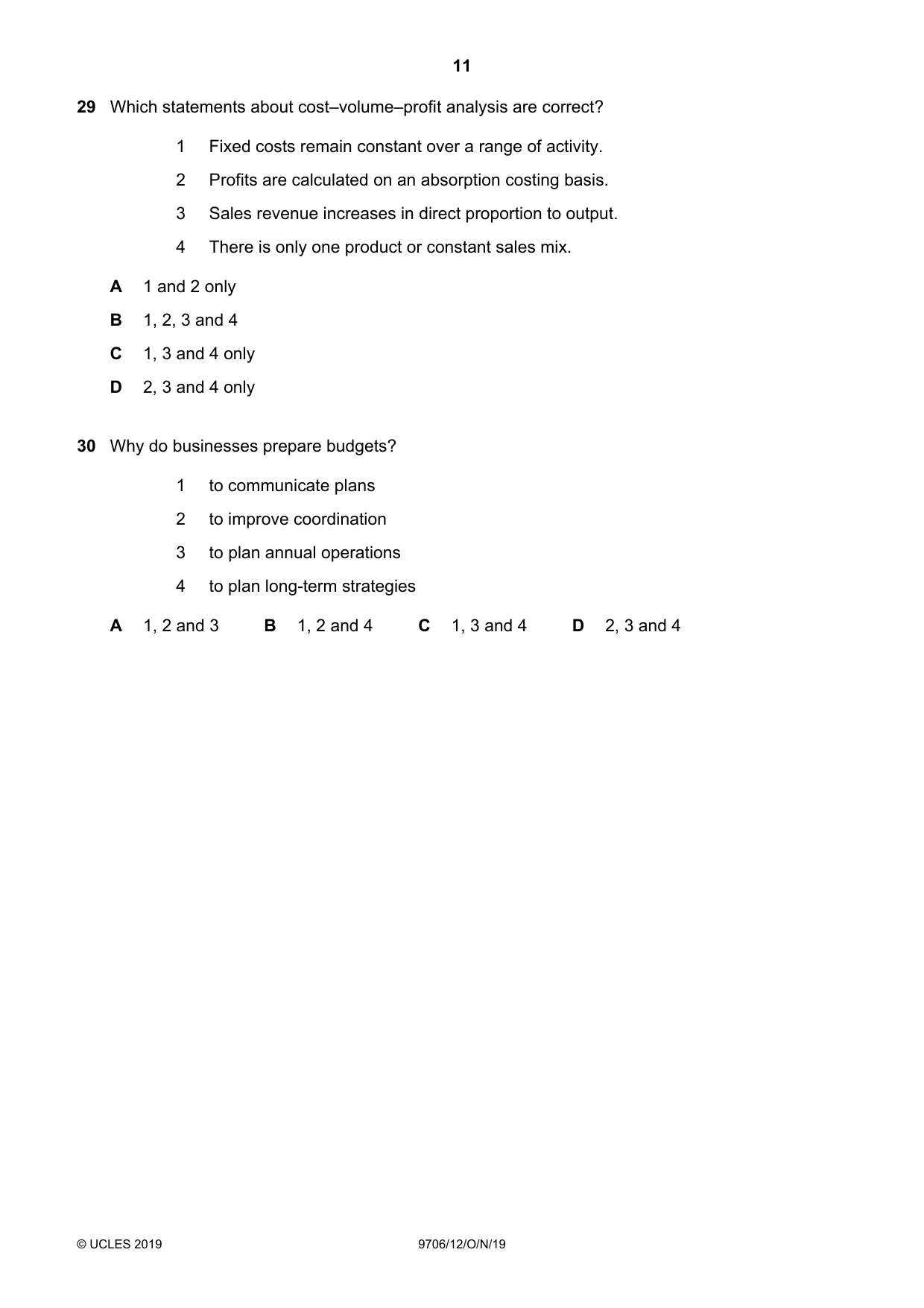Cambridge A Level Accounting 9706 2019 Oct/Nov Paper 1 · Variant 2 question paper, page 11 of 12