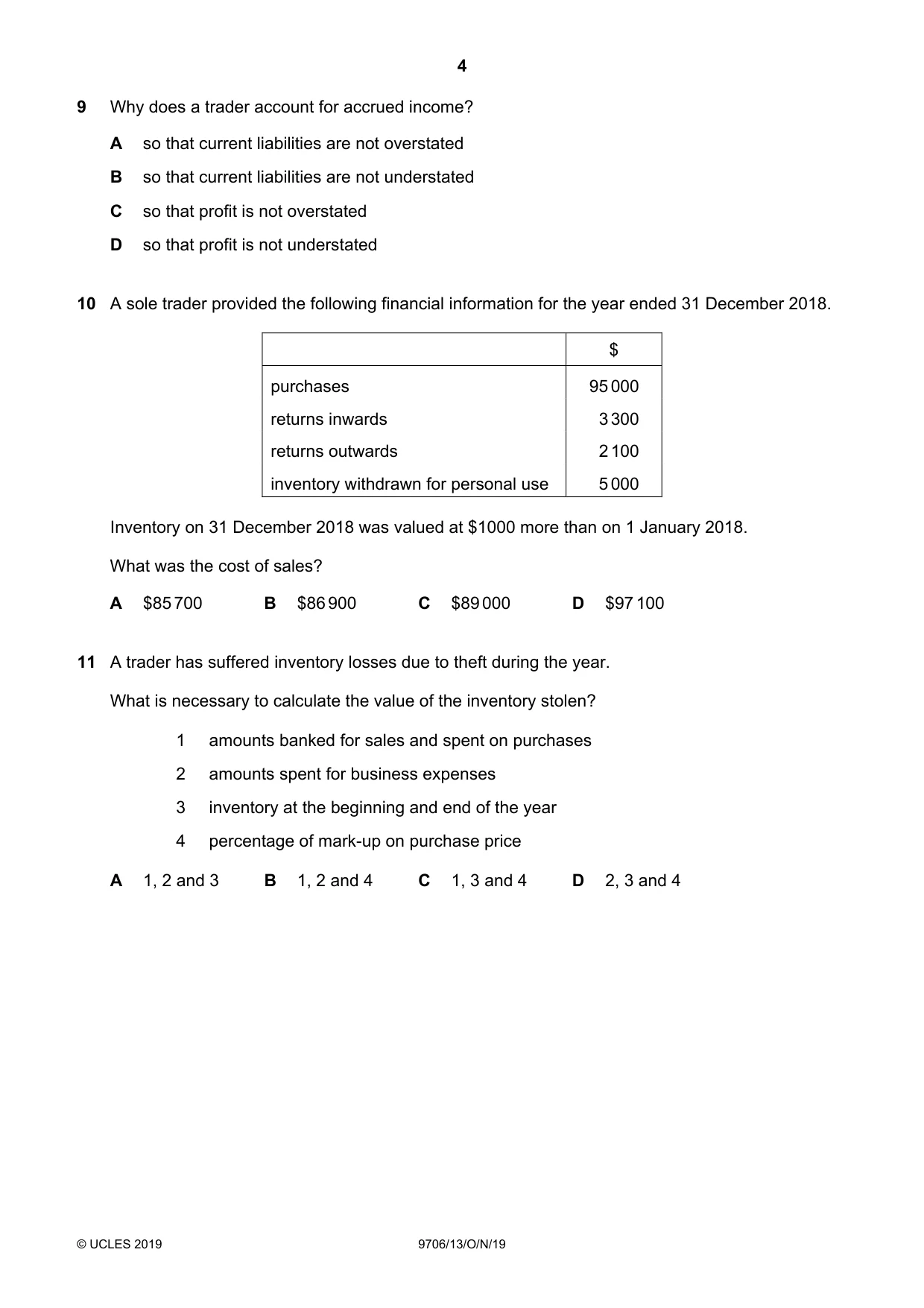 Cambridge A Level Accounting 9706 2019 Oct/Nov Paper 1 · Variant 3 question paper, page 4 of 12