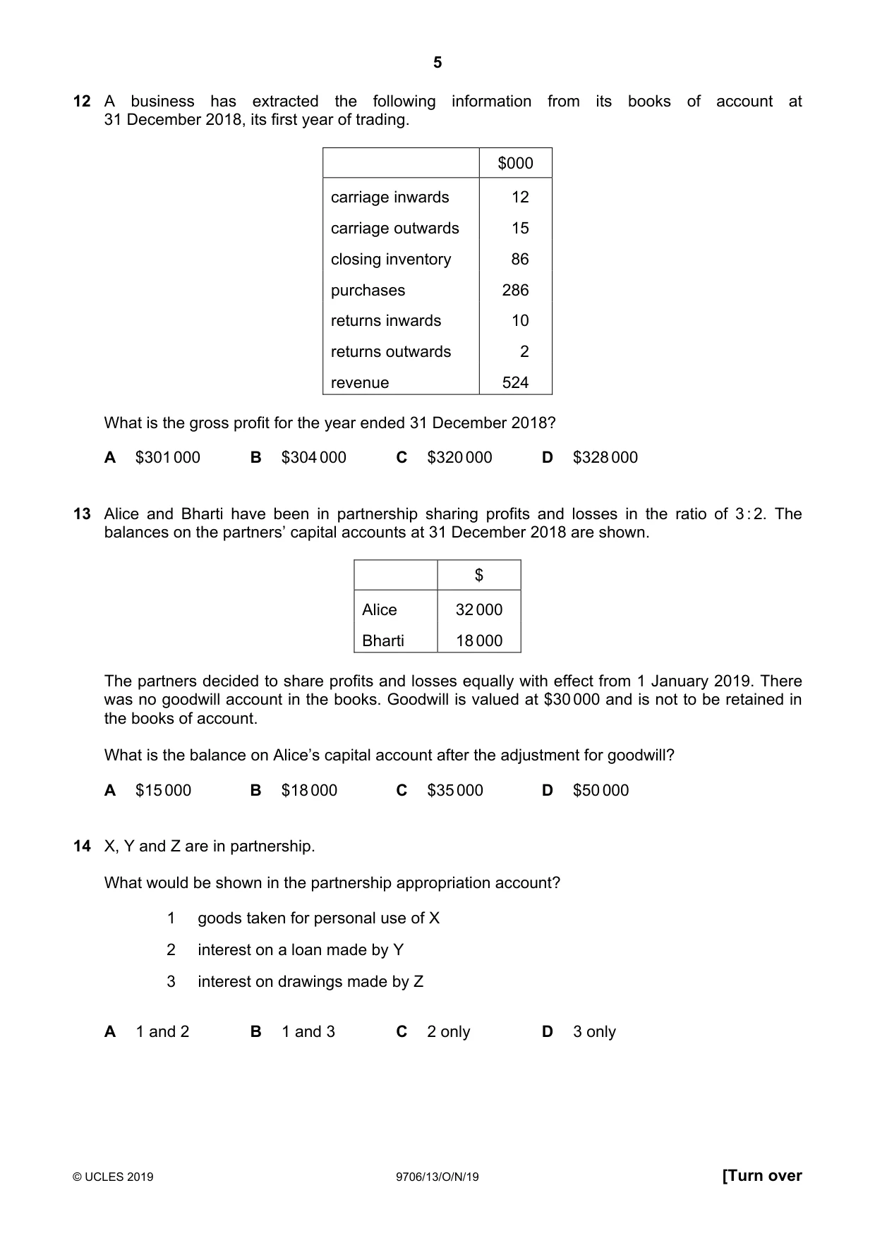 Cambridge A Level Accounting 9706 2019 Oct/Nov Paper 1 · Variant 3 question paper, page 5 of 12