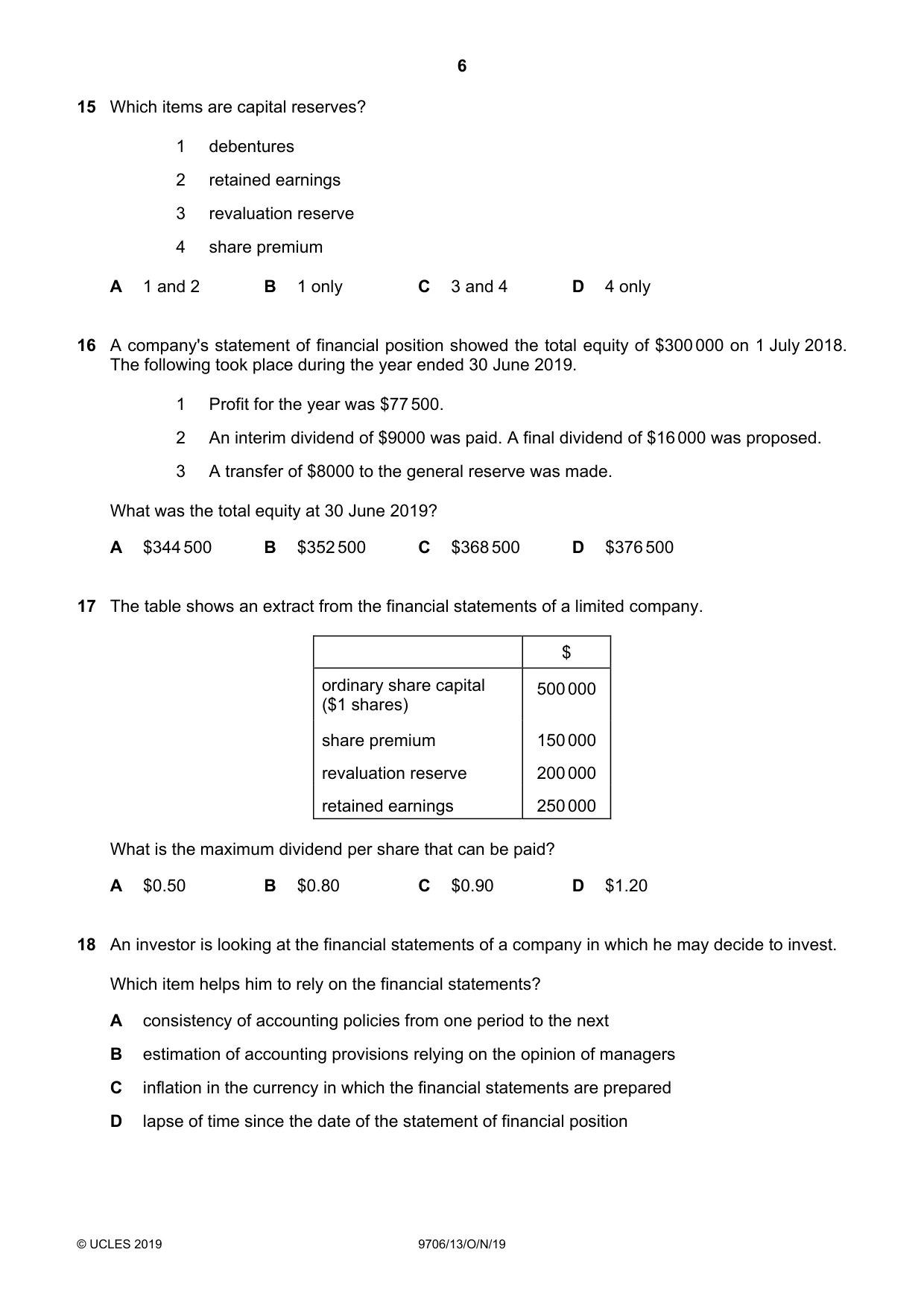 Cambridge A Level Accounting 9706 2019 Oct/Nov Paper 1 · Variant 3 question paper, page 6 of 12