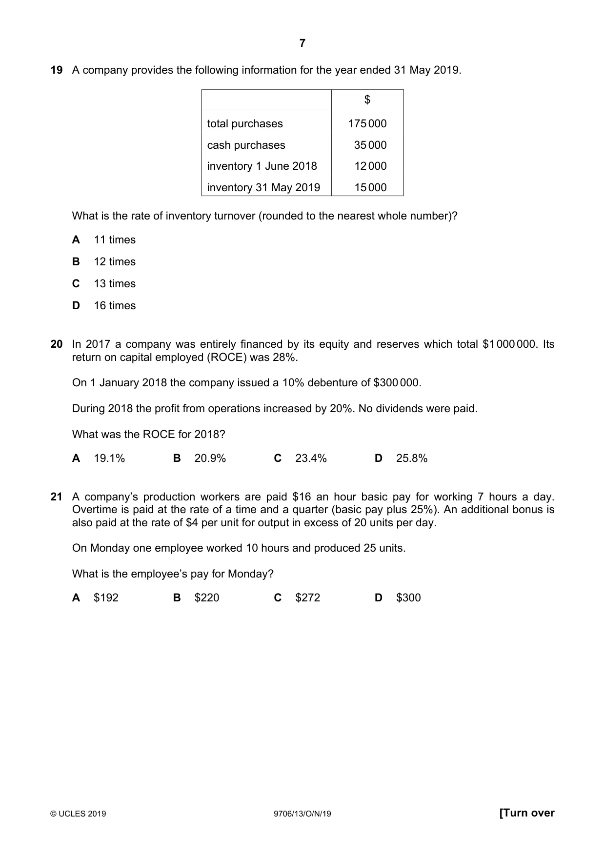 Cambridge A Level Accounting 9706 2019 Oct/Nov Paper 1 · Variant 3 question paper, page 7 of 12