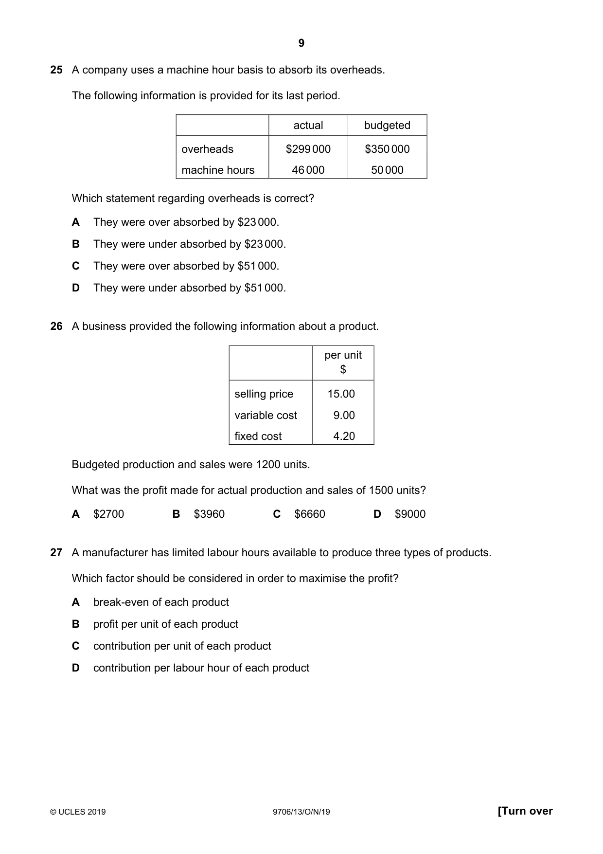 Cambridge A Level Accounting 9706 2019 Oct/Nov Paper 1 · Variant 3 question paper, page 9 of 12