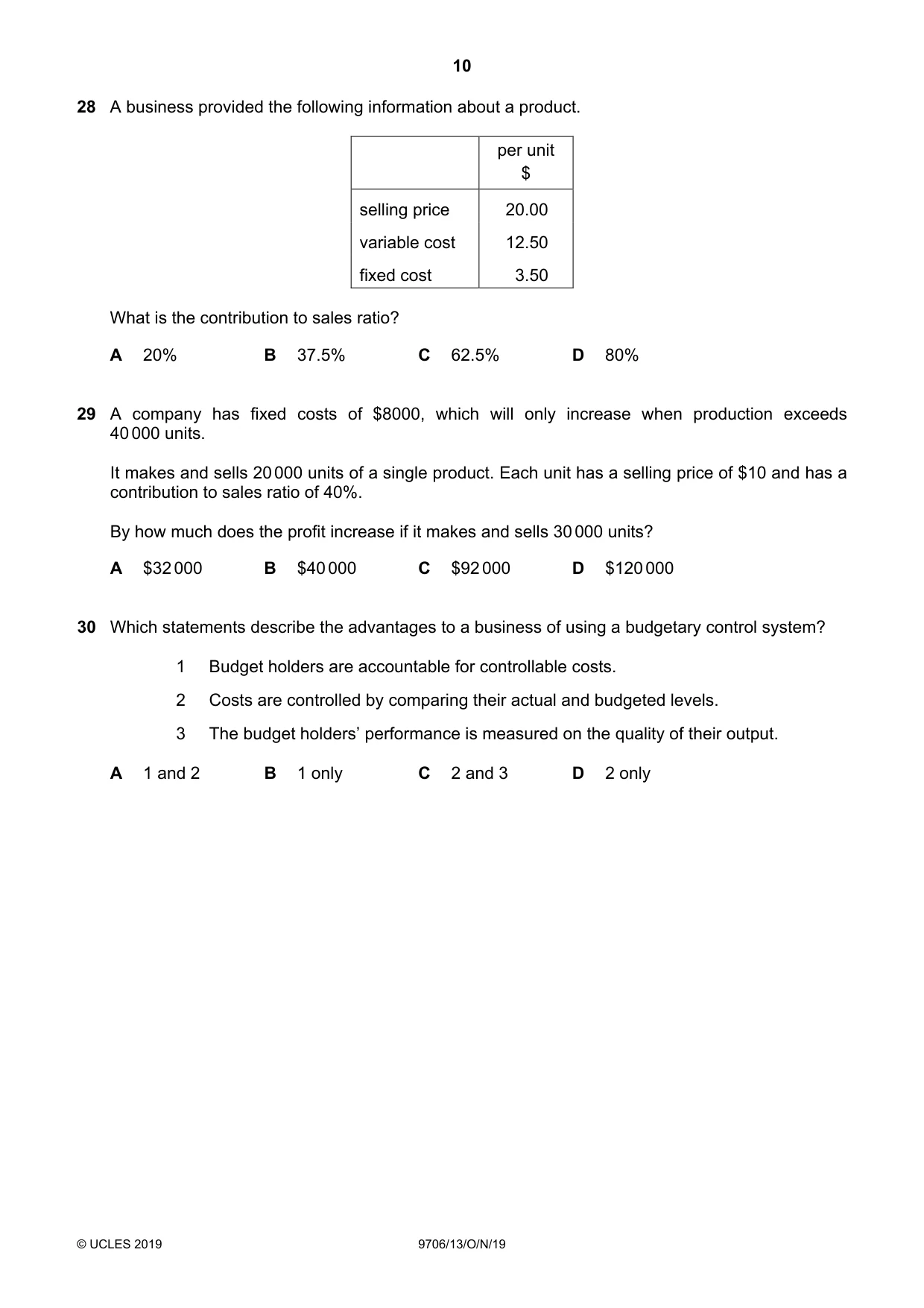 Cambridge A Level Accounting 9706 2019 Oct/Nov Paper 1 · Variant 3 question paper, page 10 of 12