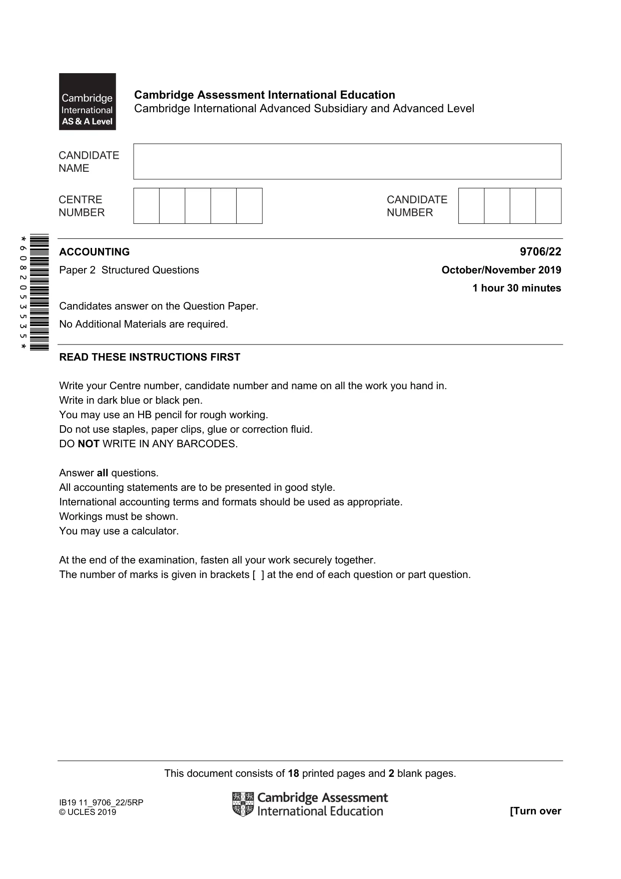 Cambridge A Level Accounting 9706 2019 Oct/Nov Paper 2 · Variant 2 question paper, page 1 of 20