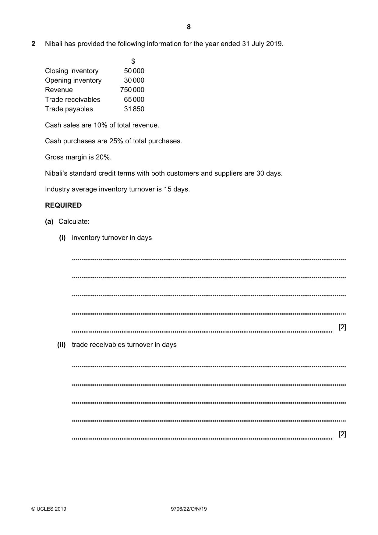 Cambridge A Level Accounting 9706 2019 Oct/Nov Paper 2 · Variant 2 question paper, page 8 of 20