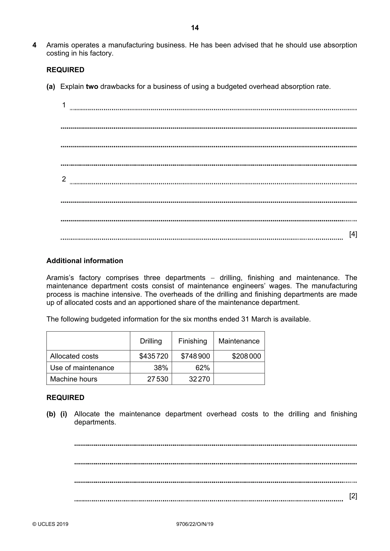 Cambridge A Level Accounting 9706 2019 Oct/Nov Paper 2 · Variant 2 question paper, page 14 of 20