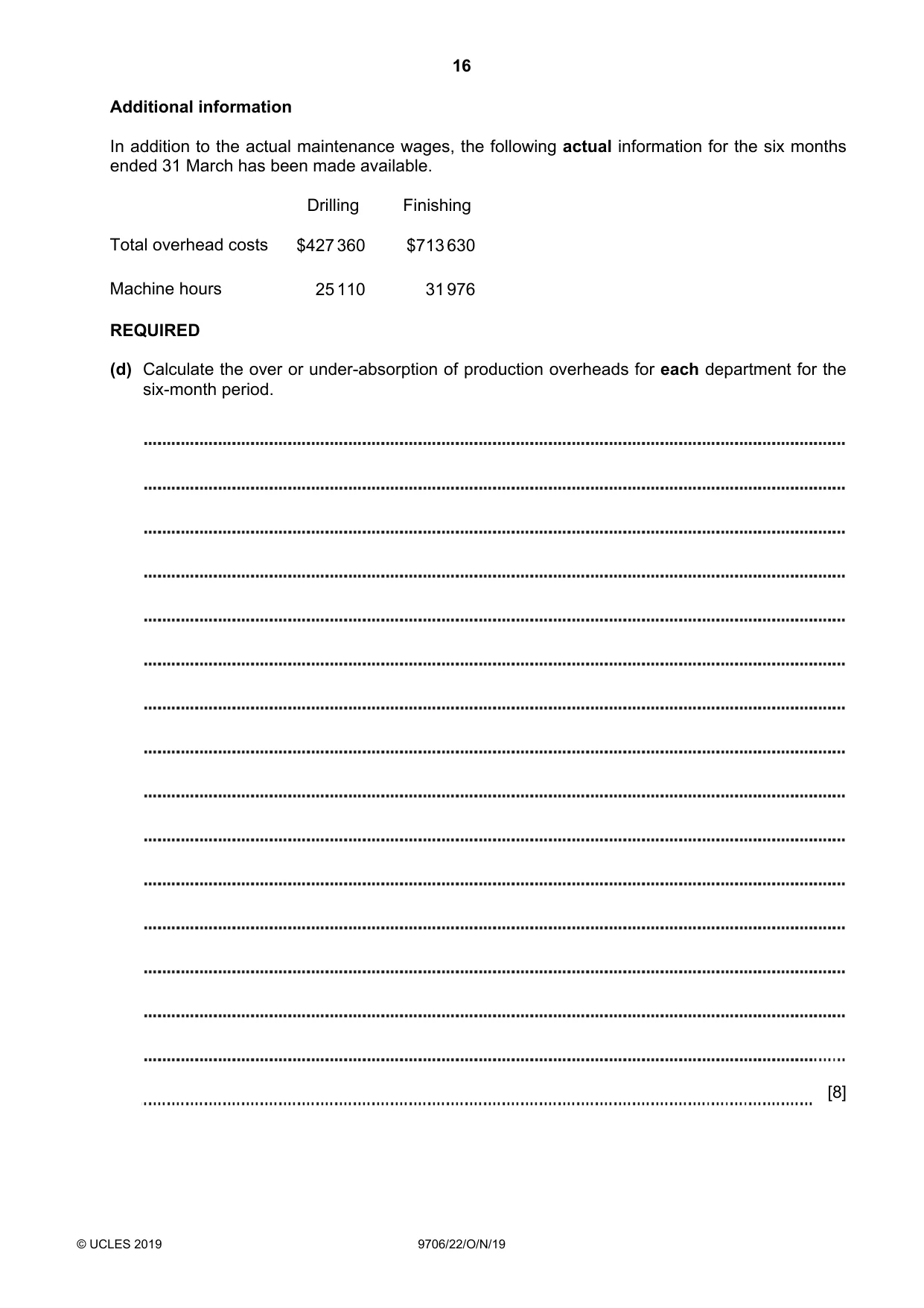 Cambridge A Level Accounting 9706 2019 Oct/Nov Paper 2 · Variant 2 question paper, page 16 of 20