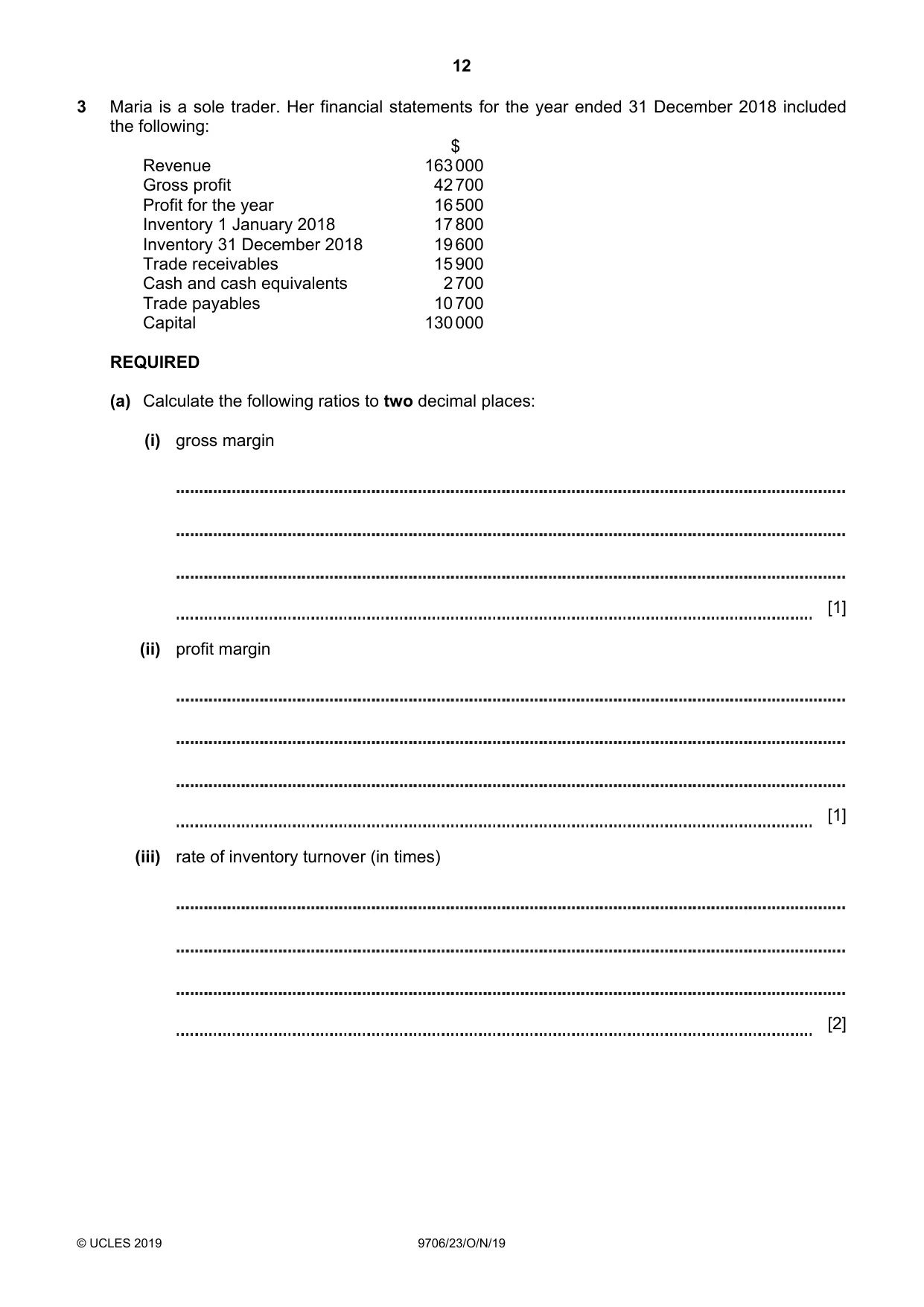 Cambridge A Level Accounting 9706 2019 Oct/Nov Paper 2 · Variant 3 question paper, page 12 of 20