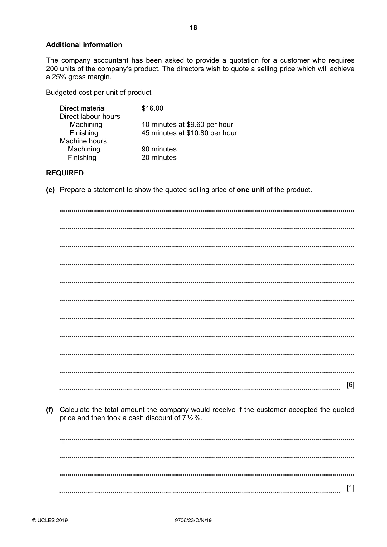 Cambridge A Level Accounting 9706 2019 Oct/Nov Paper 2 · Variant 3 question paper, page 18 of 20