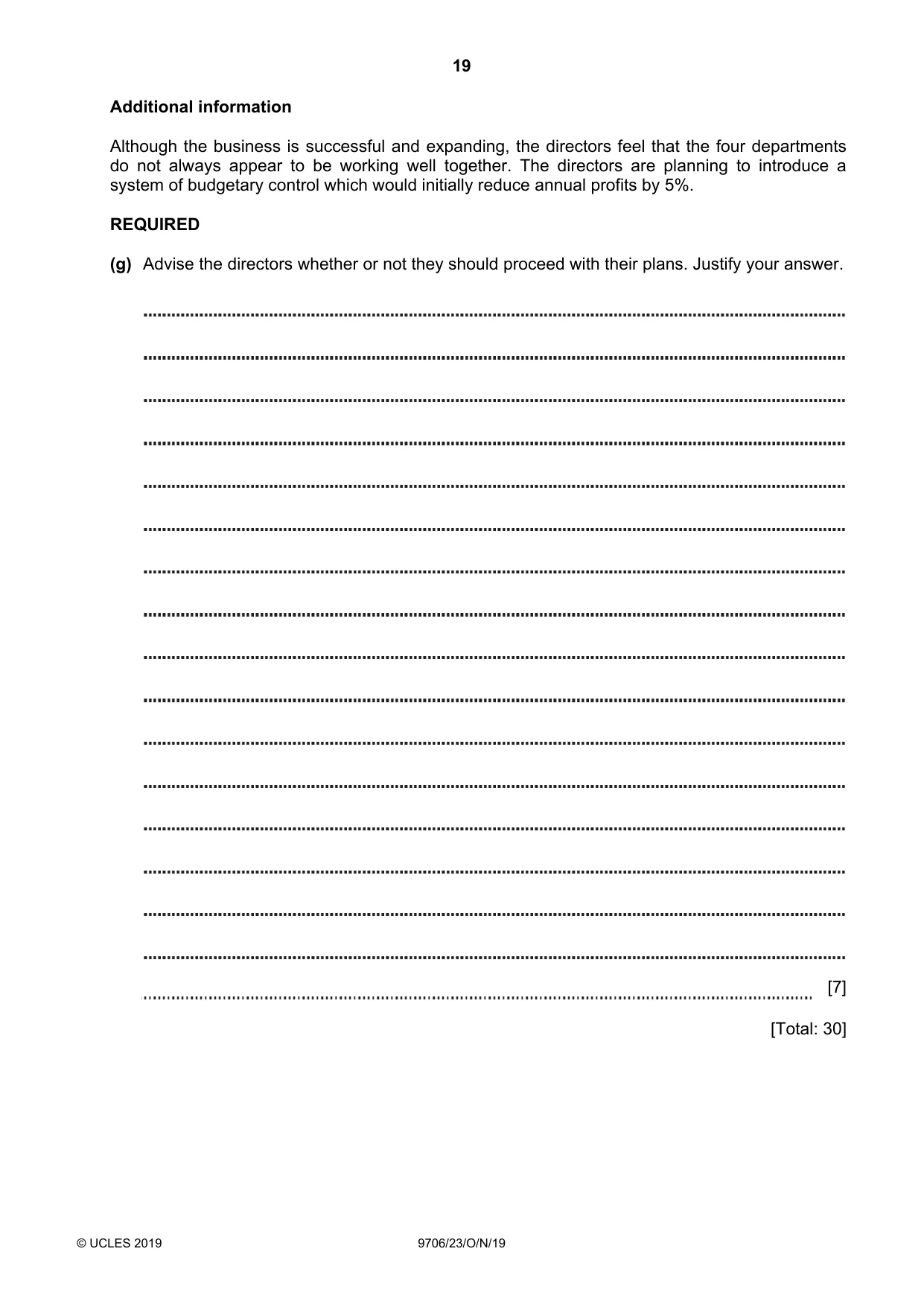 Cambridge A Level Accounting 9706 2019 Oct/Nov Paper 2 · Variant 3 question paper, page 19 of 20