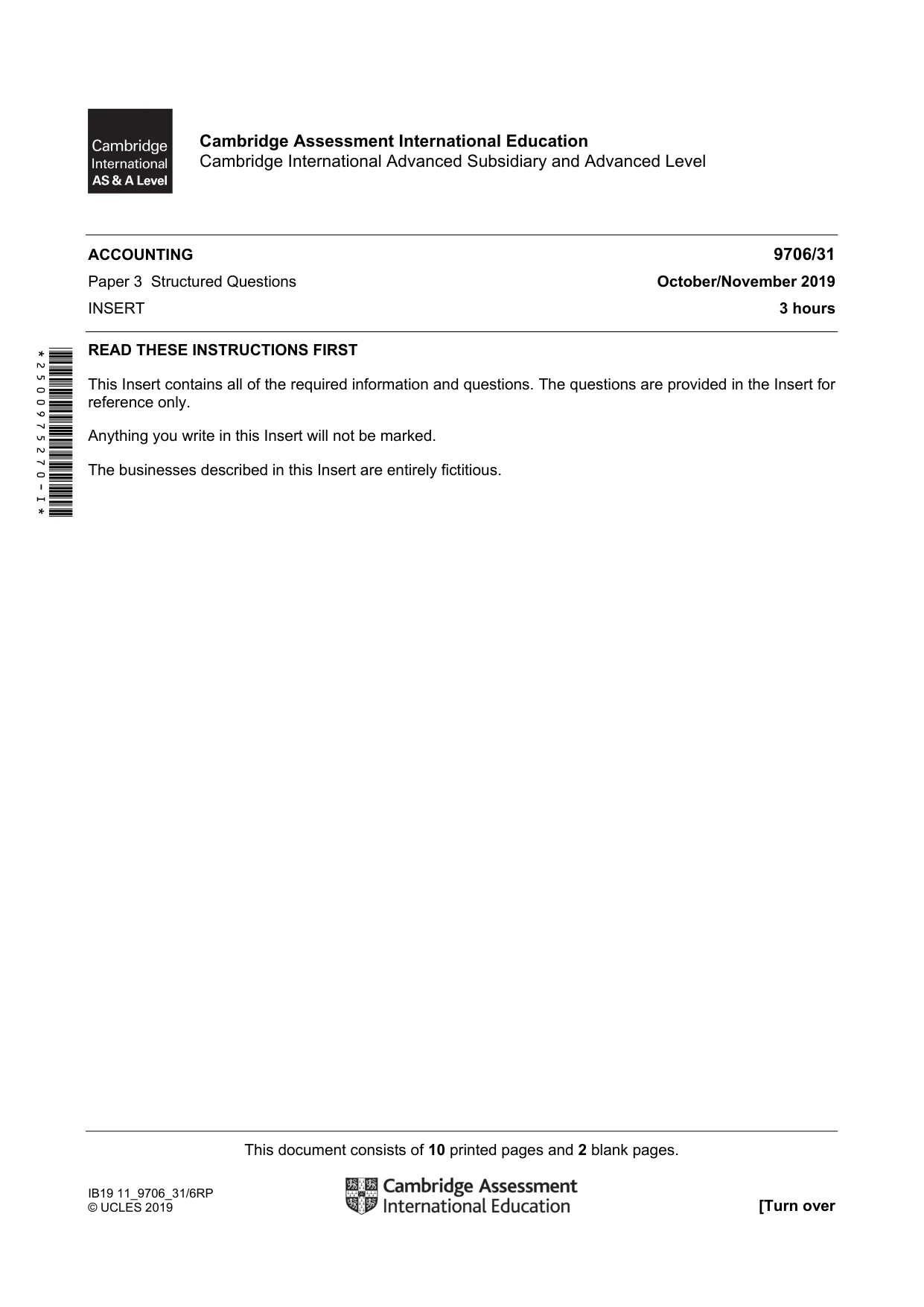 Cambridge A Level Accounting 9706 2019 Oct/Nov Paper 3 · Variant 1 question paper, page 1 of 12