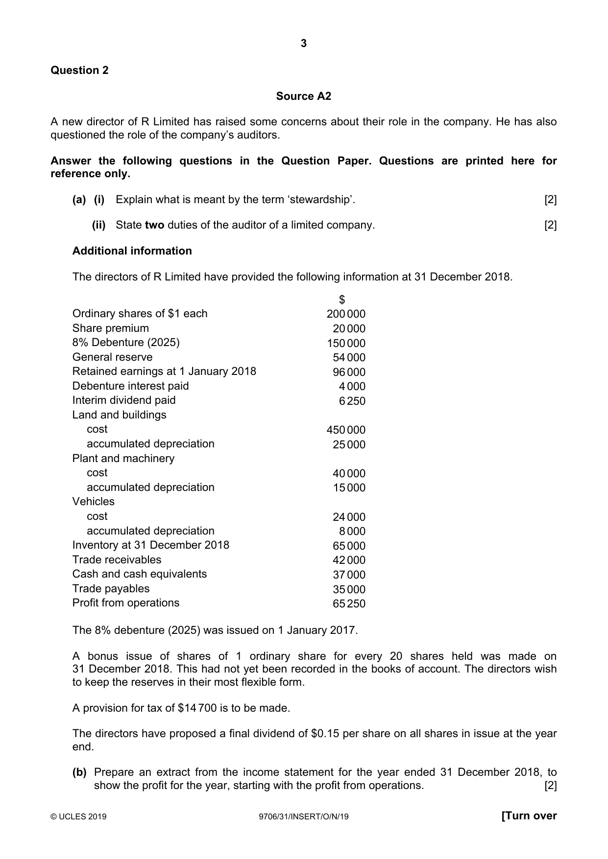 Cambridge A Level Accounting 9706 2019 Oct/Nov Paper 3 · Variant 1 question paper, page 3 of 12