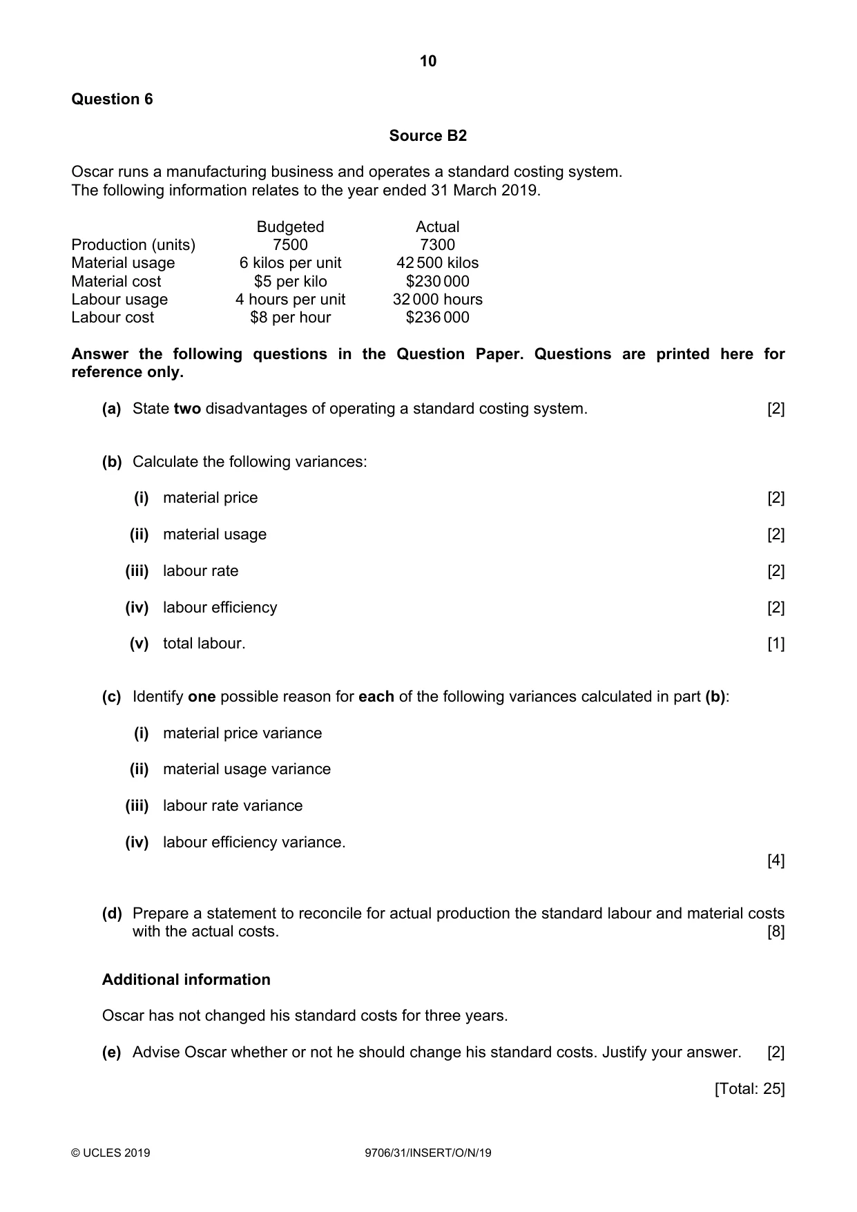 Cambridge A Level Accounting 9706 2019 Oct/Nov Paper 3 · Variant 1 question paper, page 10 of 12