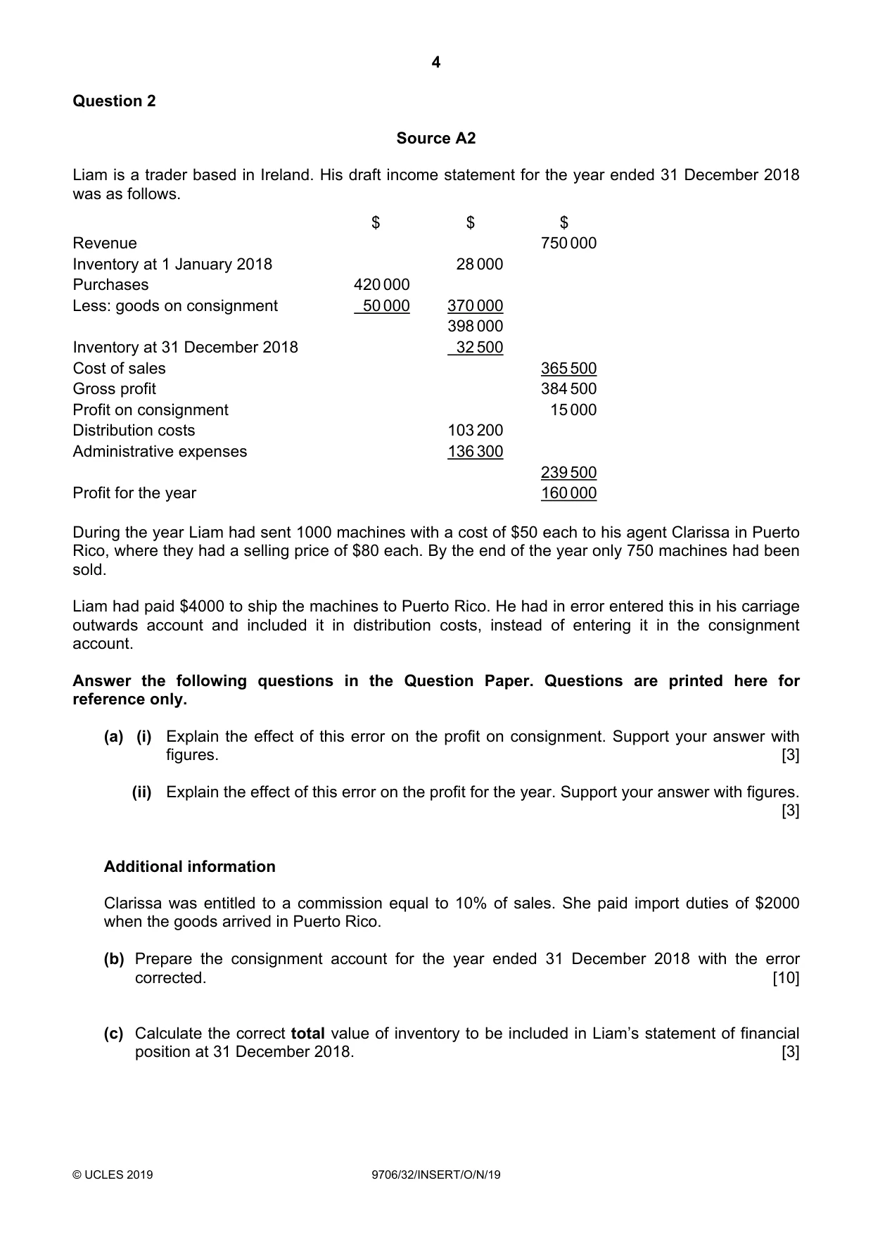Cambridge A Level Accounting 9706 2019 Oct/Nov Paper 3 · Variant 2 question paper, page 4 of 12